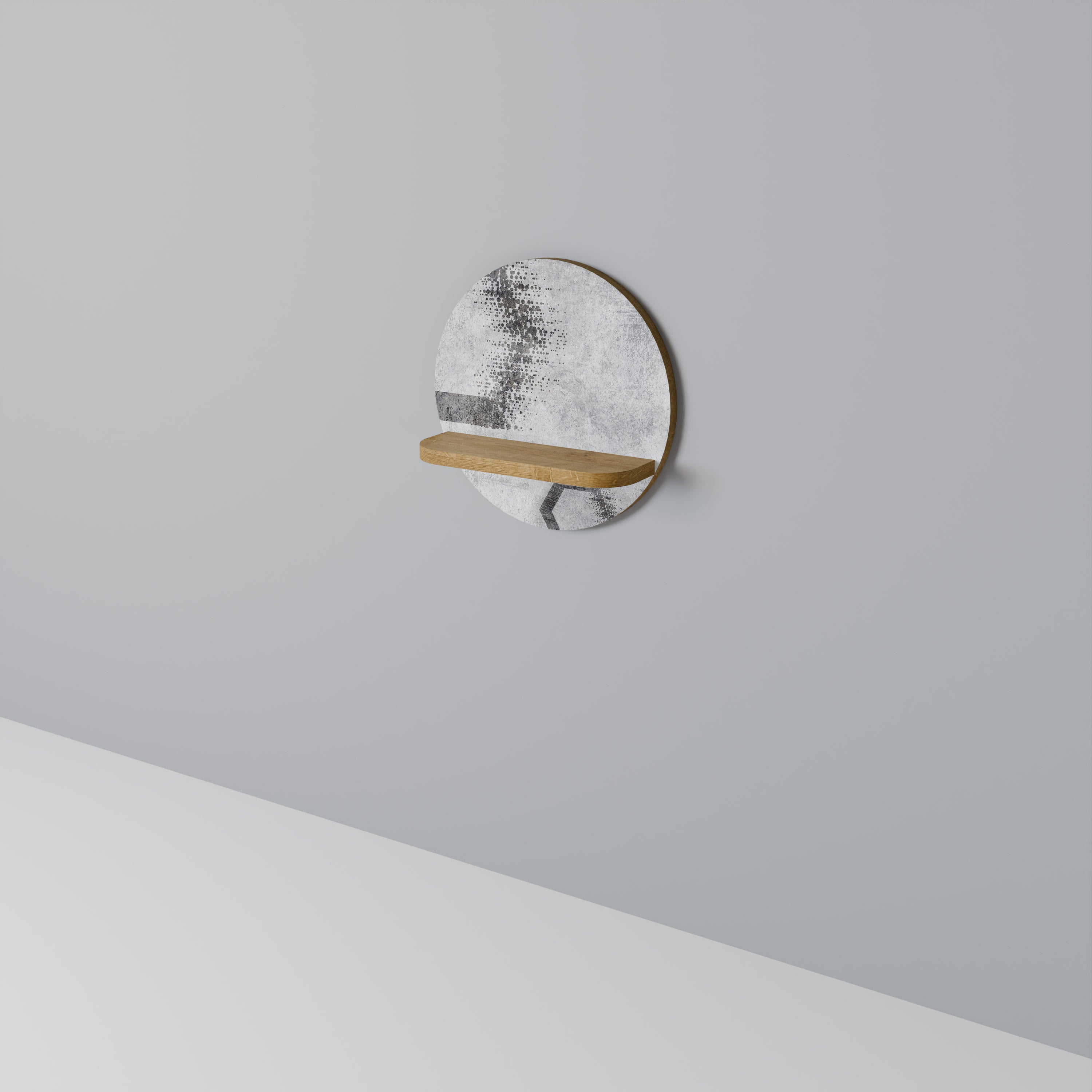 Estantería de arte redonda con figuras hexagonales en efecto roble