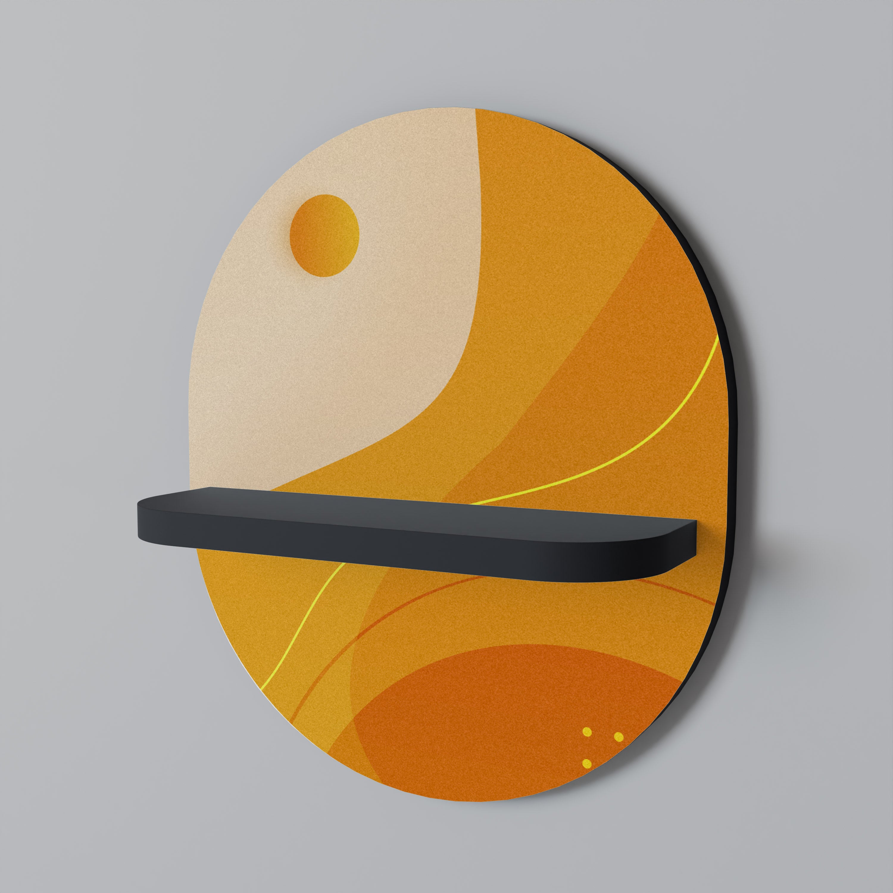 Estantería de arte ovalada con acabado negro, diseño en naranja