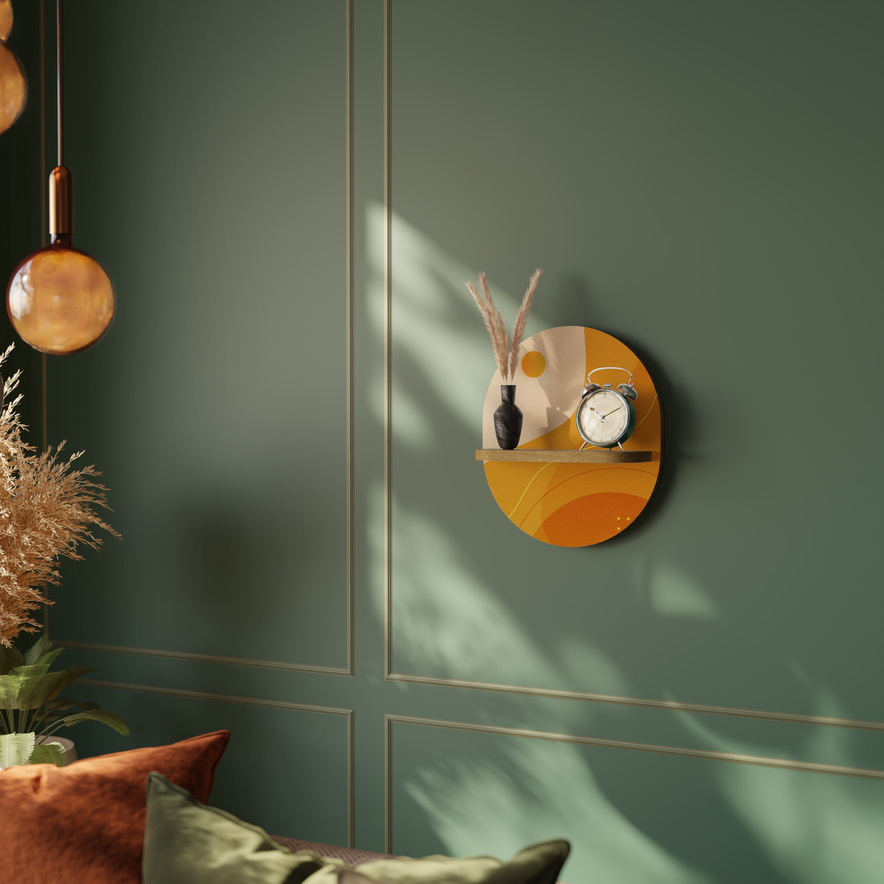 Estantería de arte ovalada con efecto roble y arreglo naranja