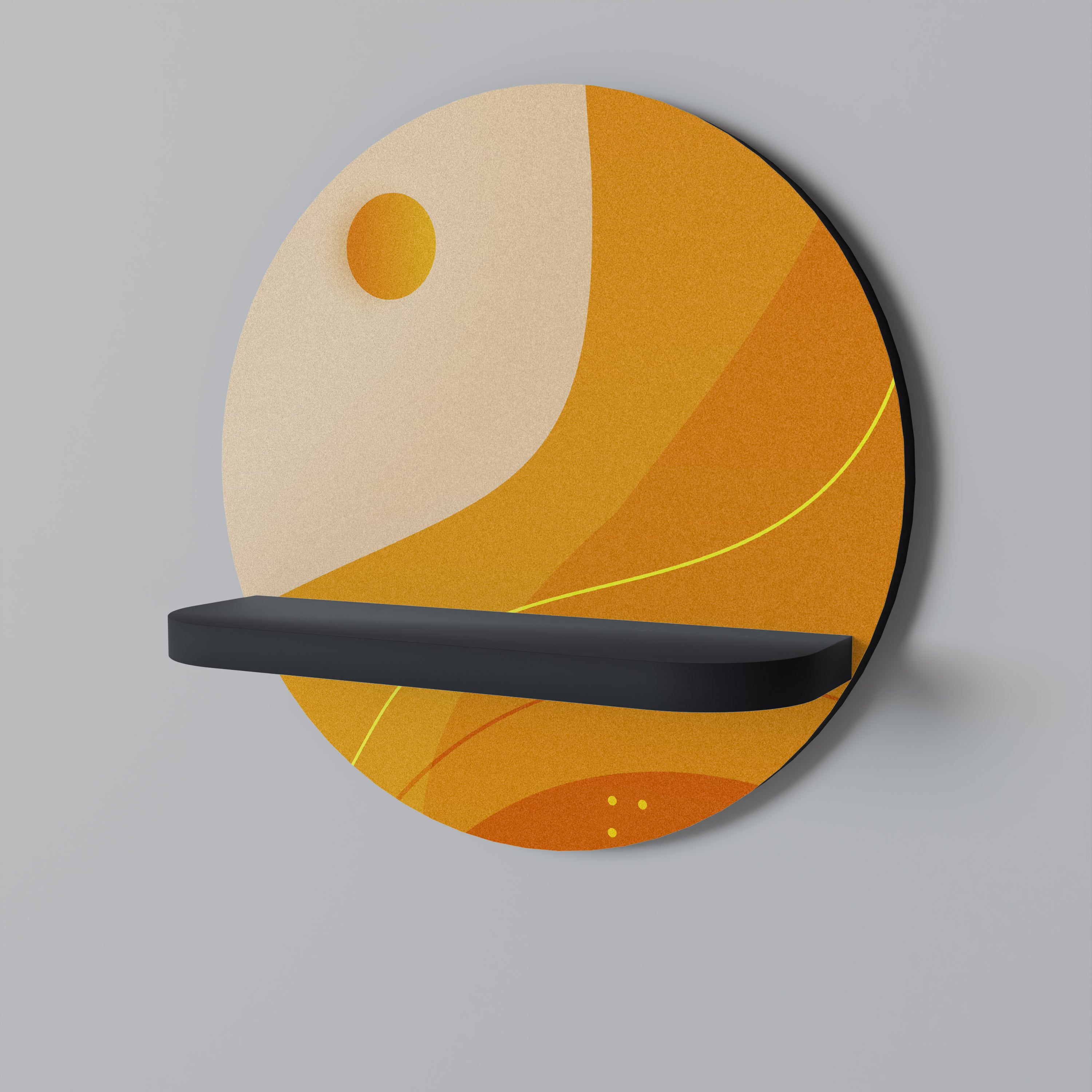Estantería de arte redonda con acabado negro, diseño naranja