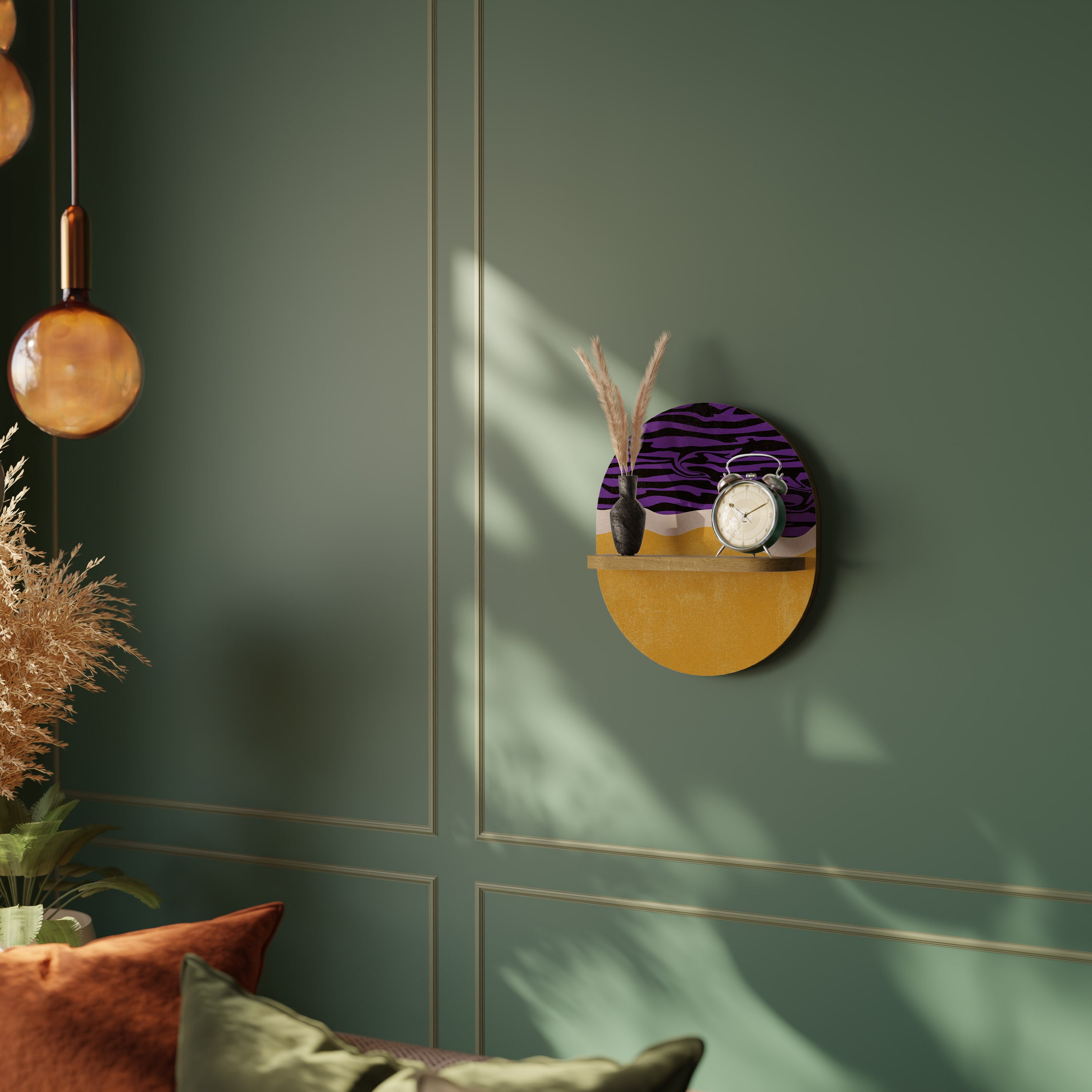 Estantería de arte ovalada con borde independiente en efecto roble