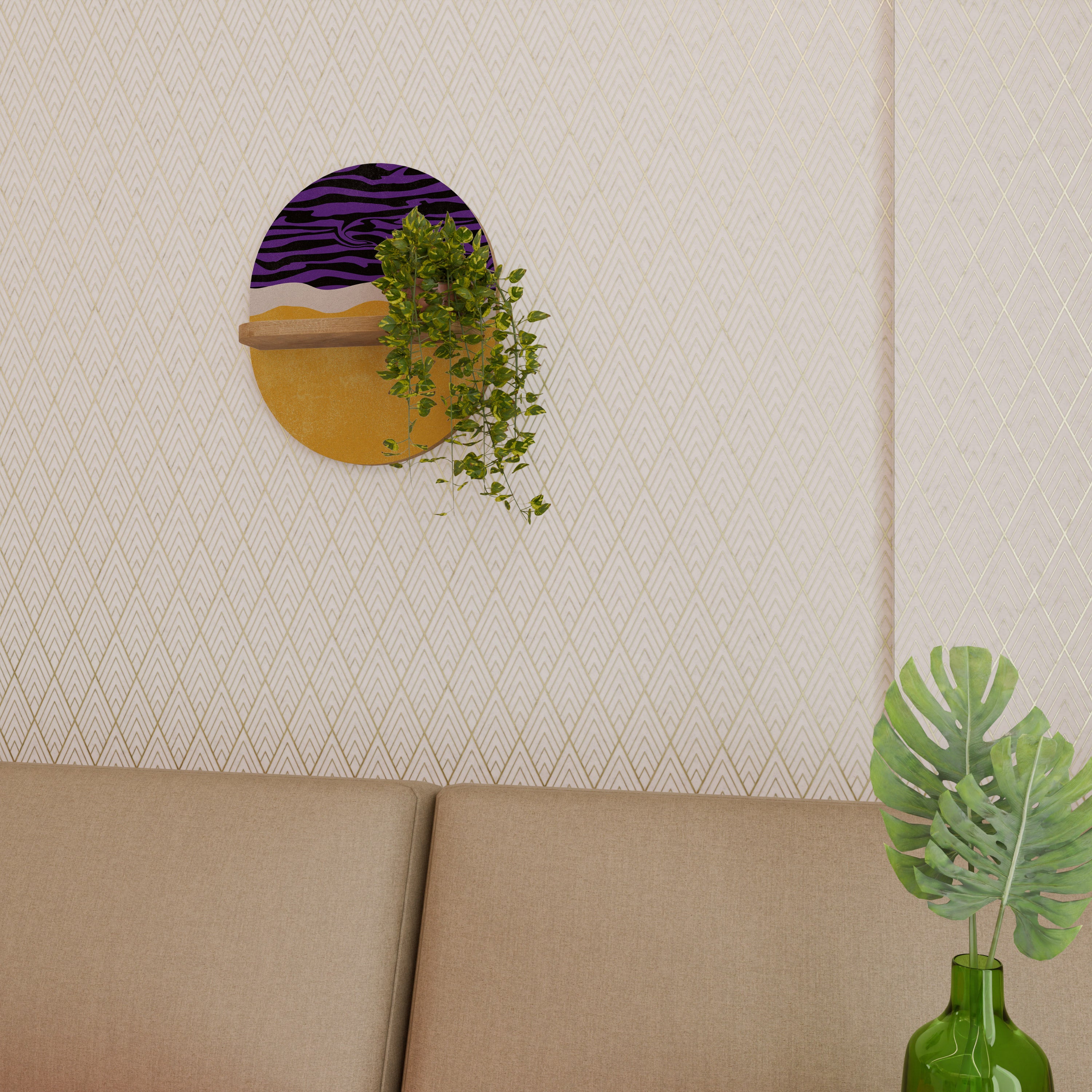 Estantería de arte ovalada con borde independiente en efecto roble