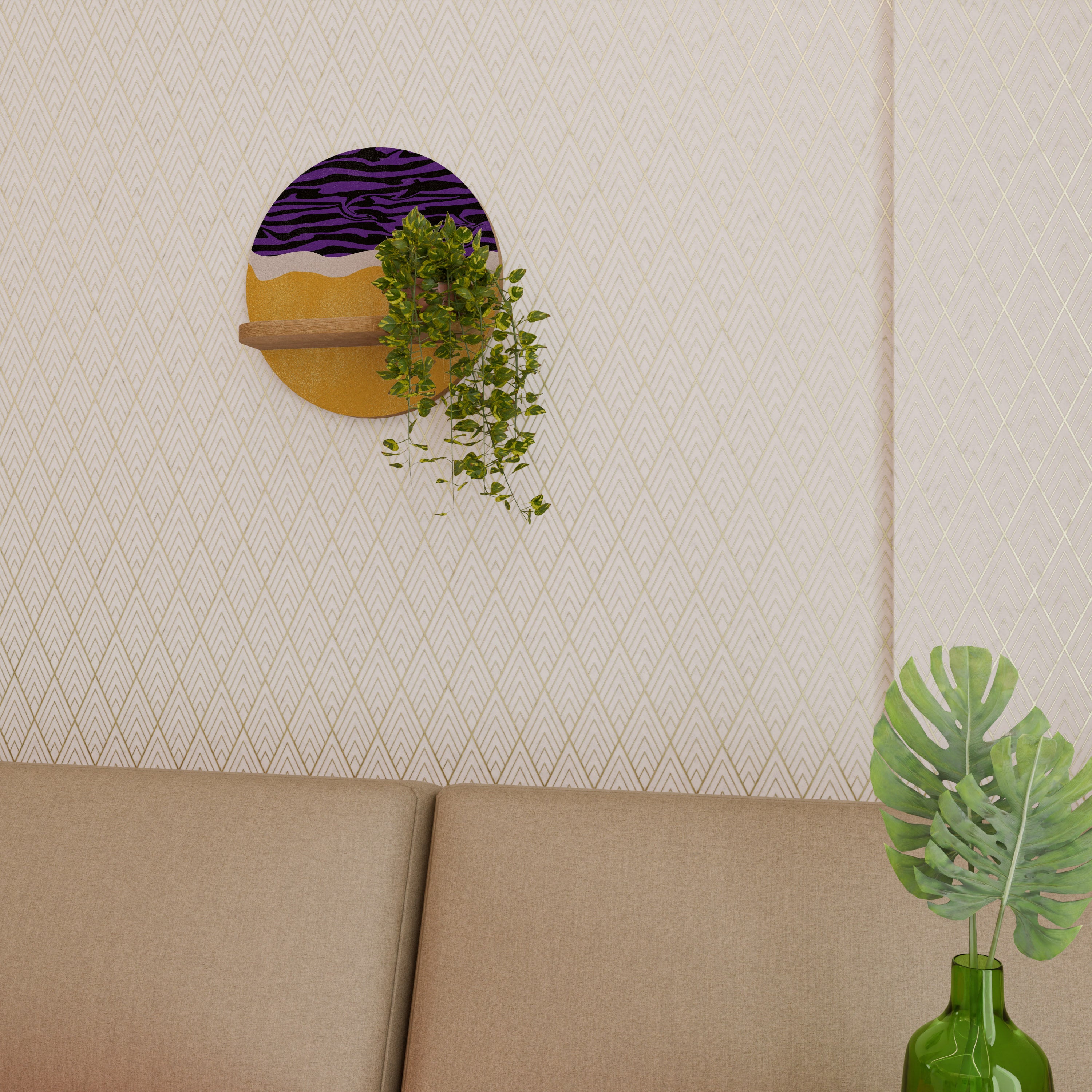 Estantería de arte redonda con borde independiente en efecto roble