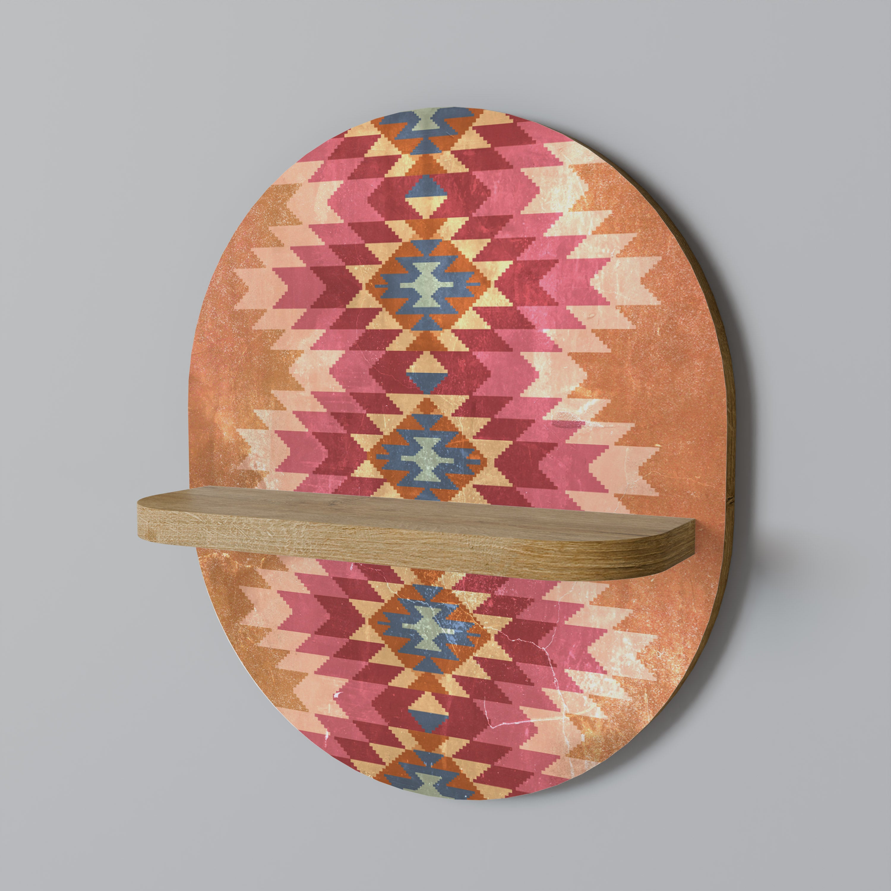 Estantería ovalada de arte folklórico indio con efecto roble