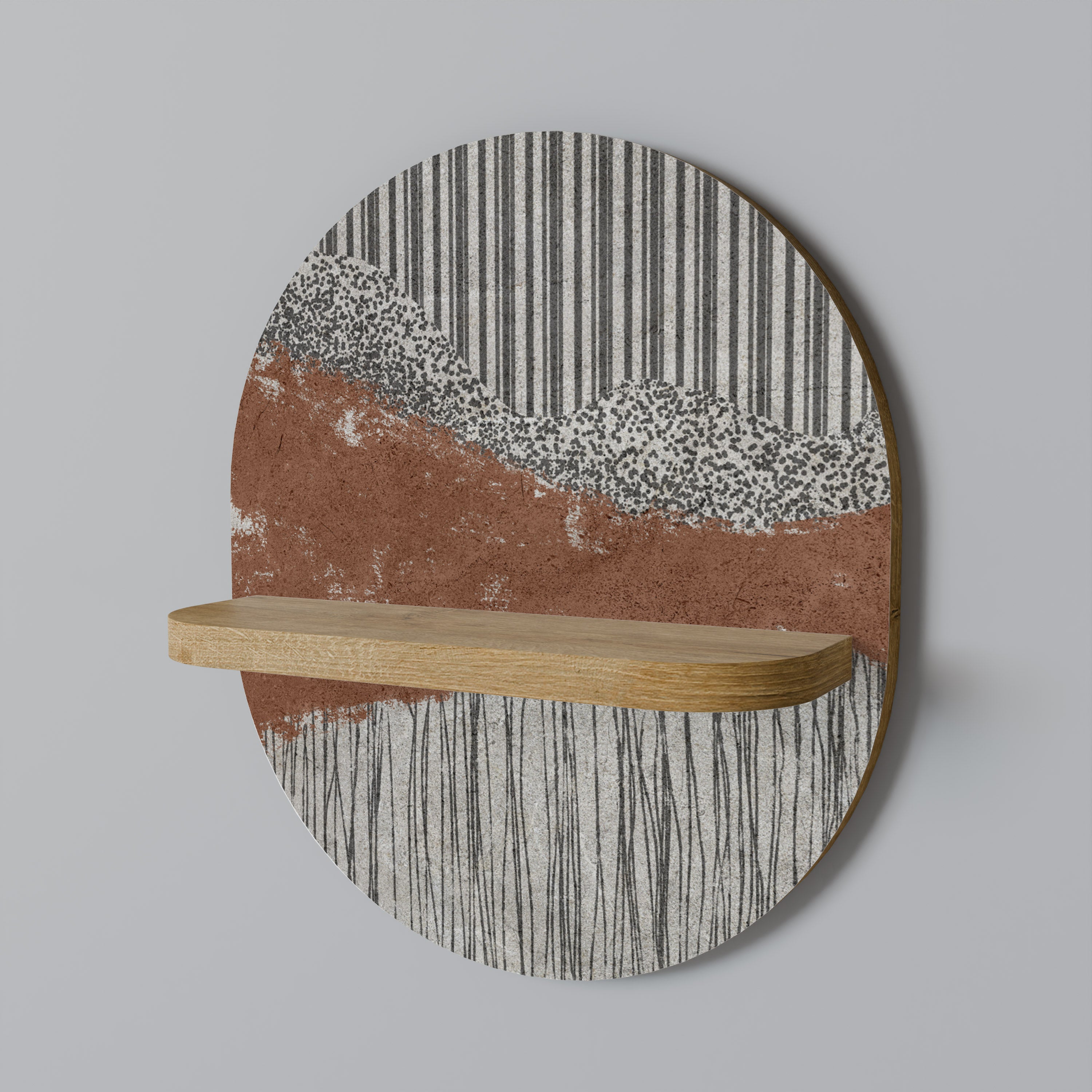 Estantería de arte ovalada STRIPED TERRAIN con efecto roble