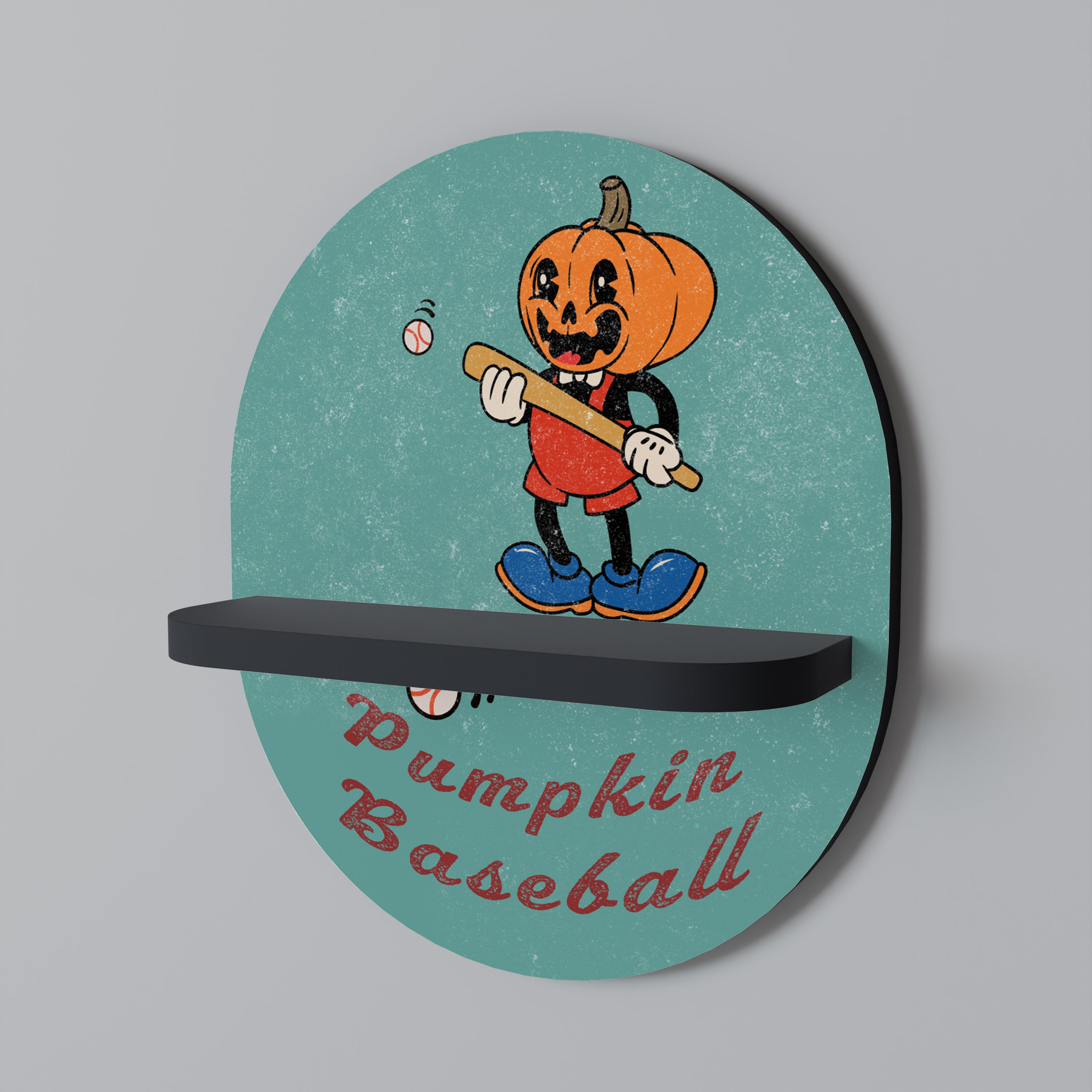 Estantería de arte ovalada con diseño de calabaza y béisbol en acabado negro