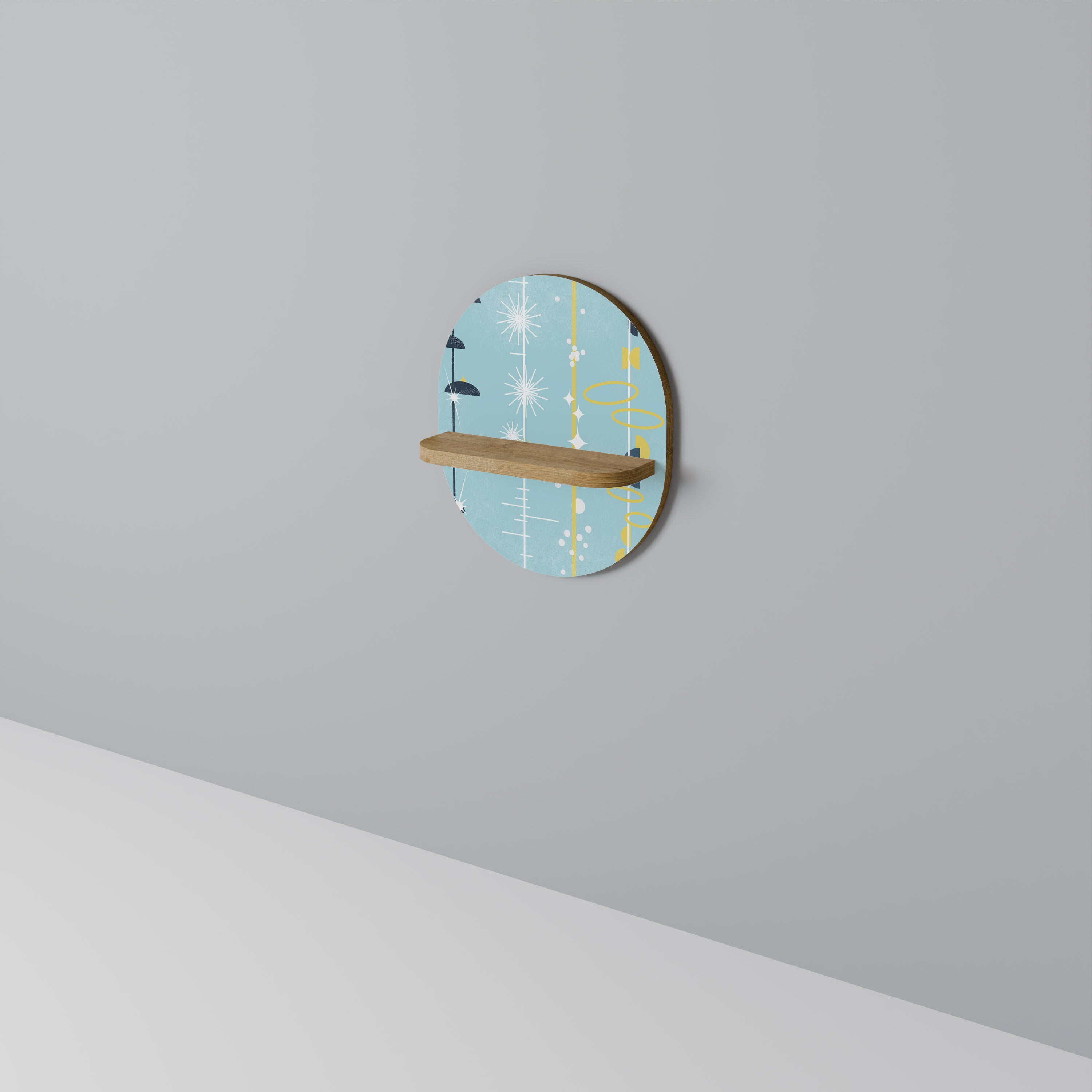 CAMINOS A LA FELICIDAD Estantería de arte ovalada con efecto roble