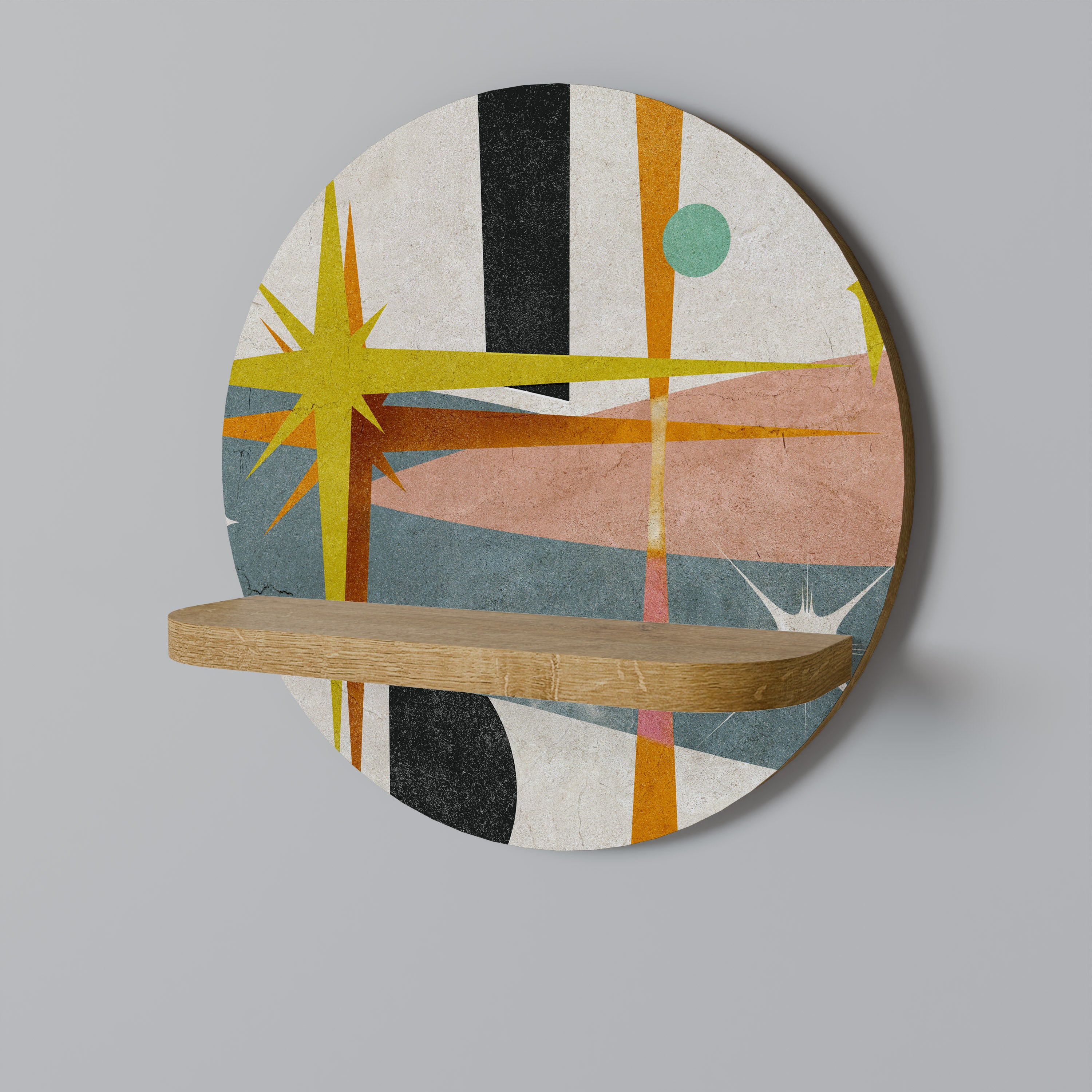 Estantería artística redonda INTERSTELLAR VIBES con efecto roble