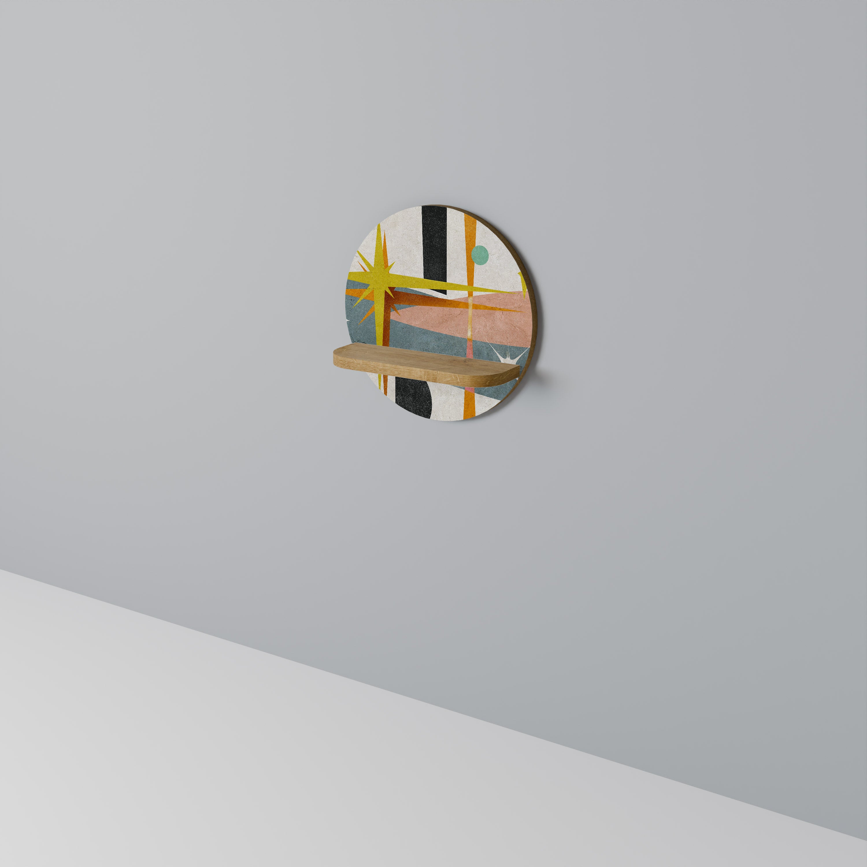 Estantería artística redonda INTERSTELLAR VIBES con efecto roble