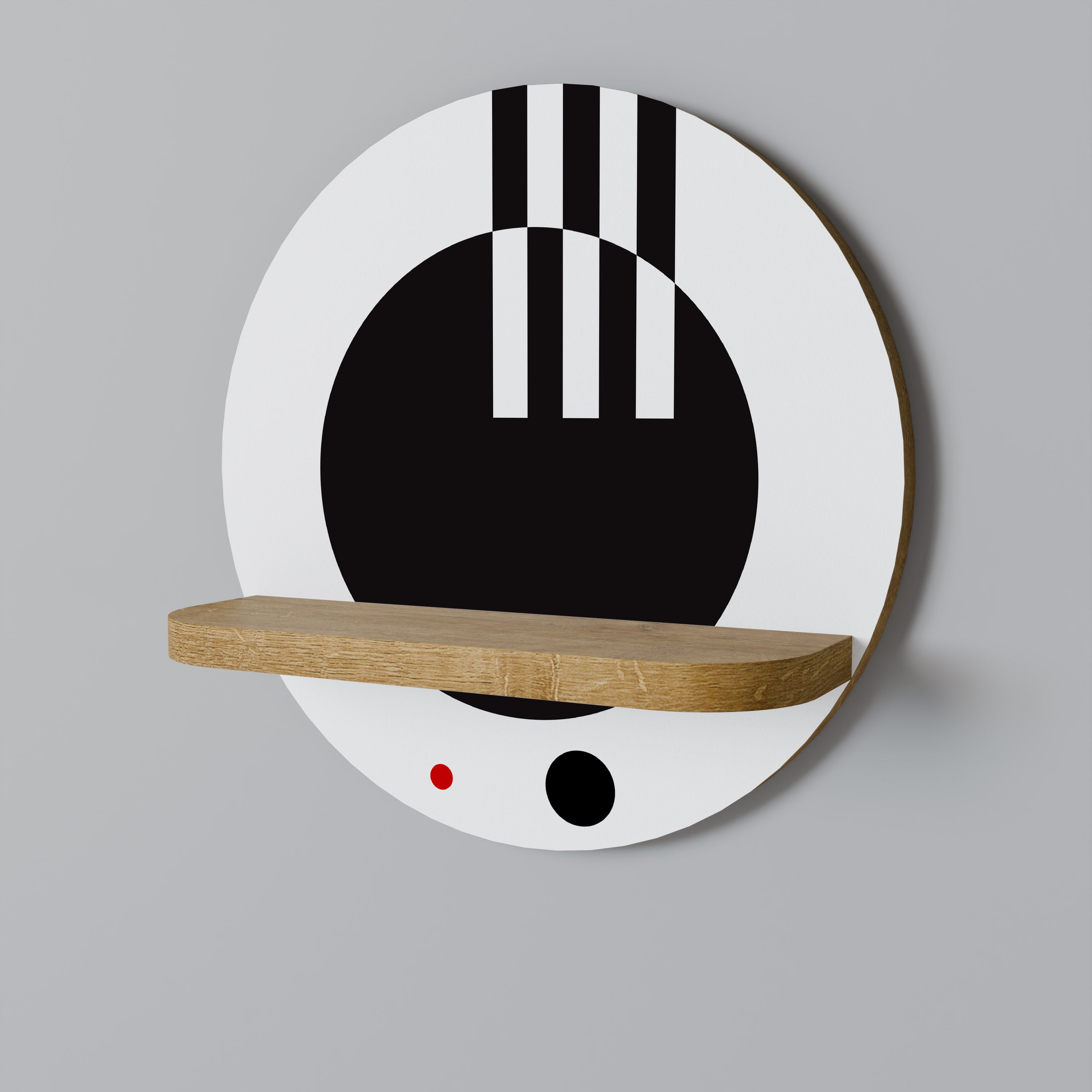 Estantería de arte redonda con efecto roble, combinación blanco y negro