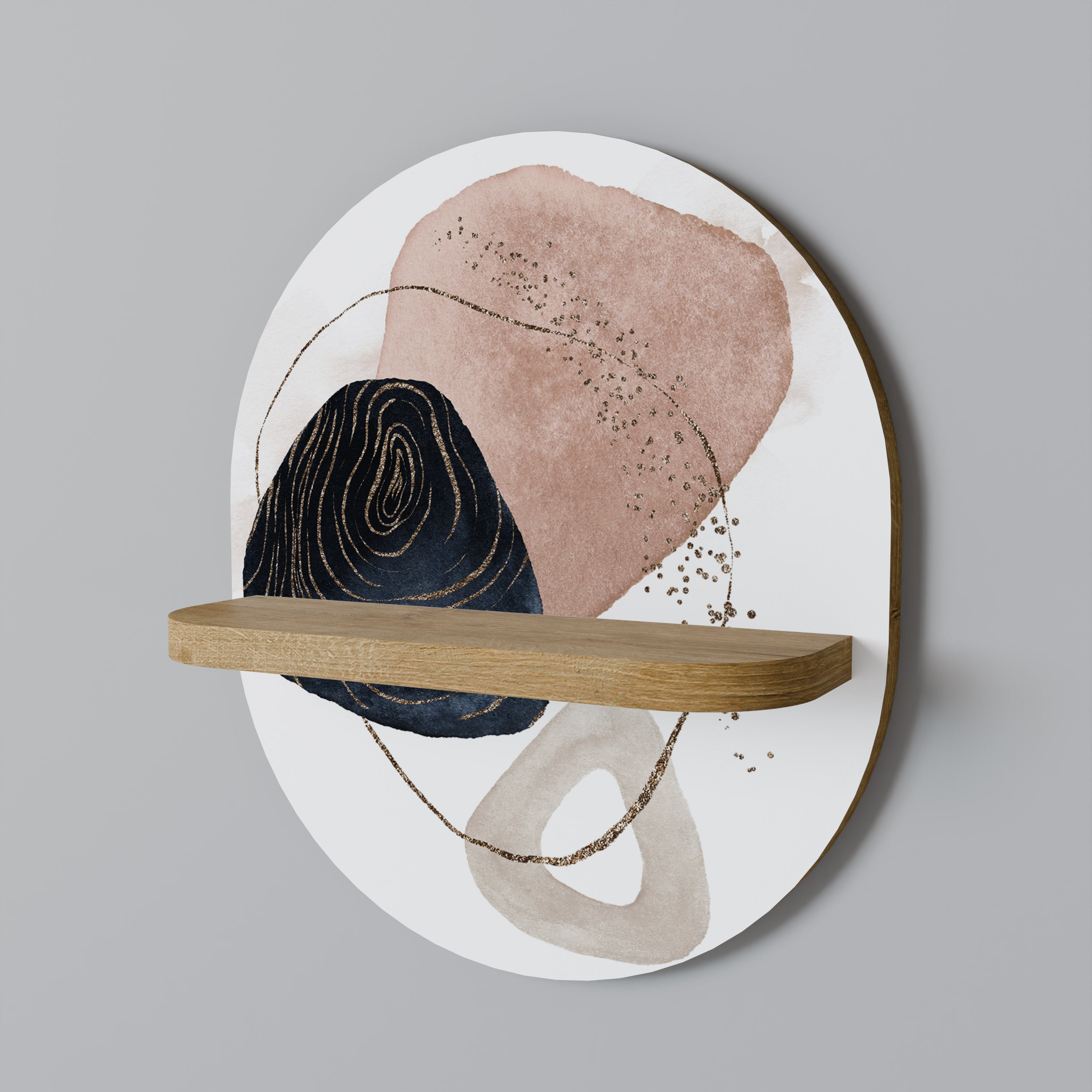 Estantería de arte ovalada con formas coloridas en efecto roble