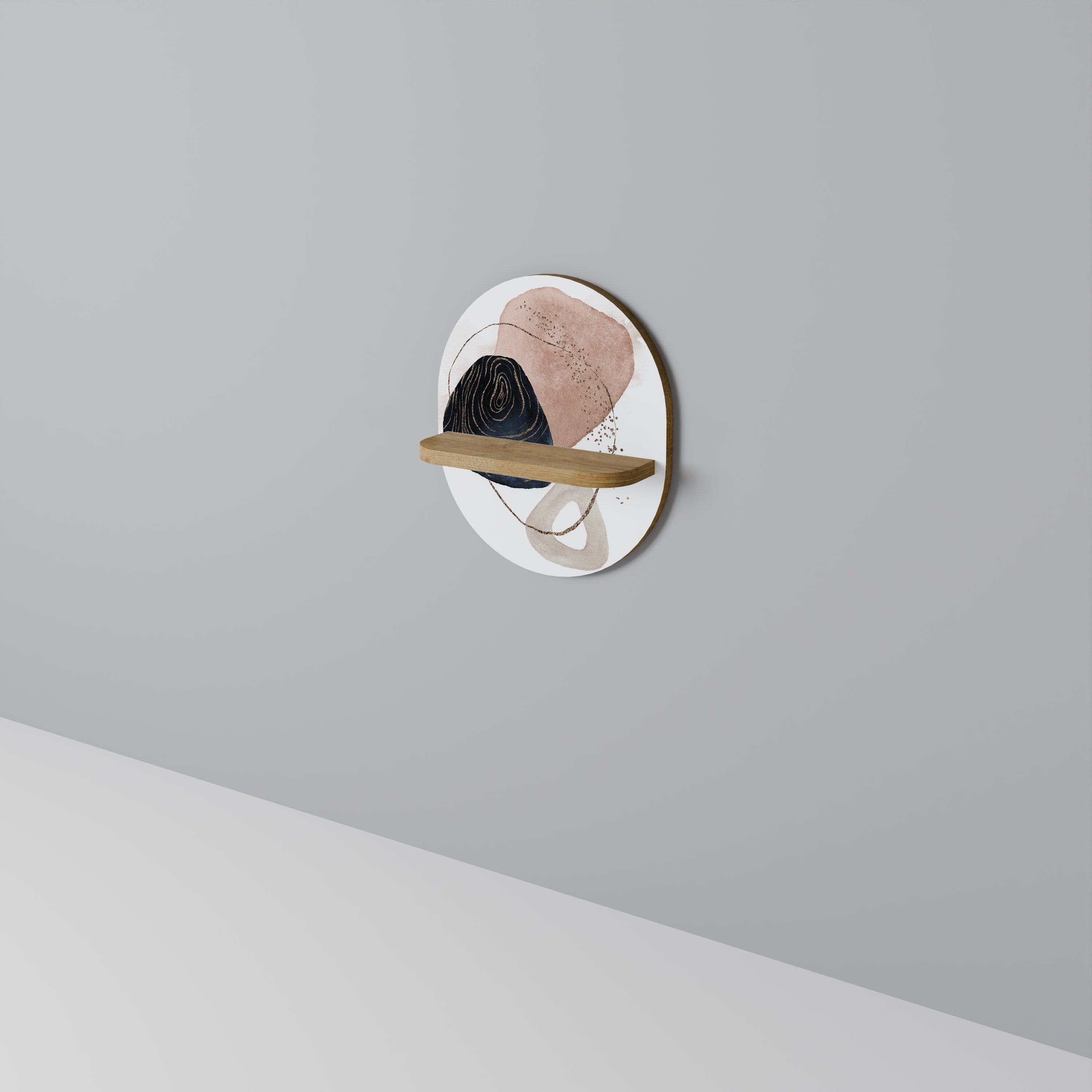 Estantería de arte ovalada con formas coloridas en efecto roble