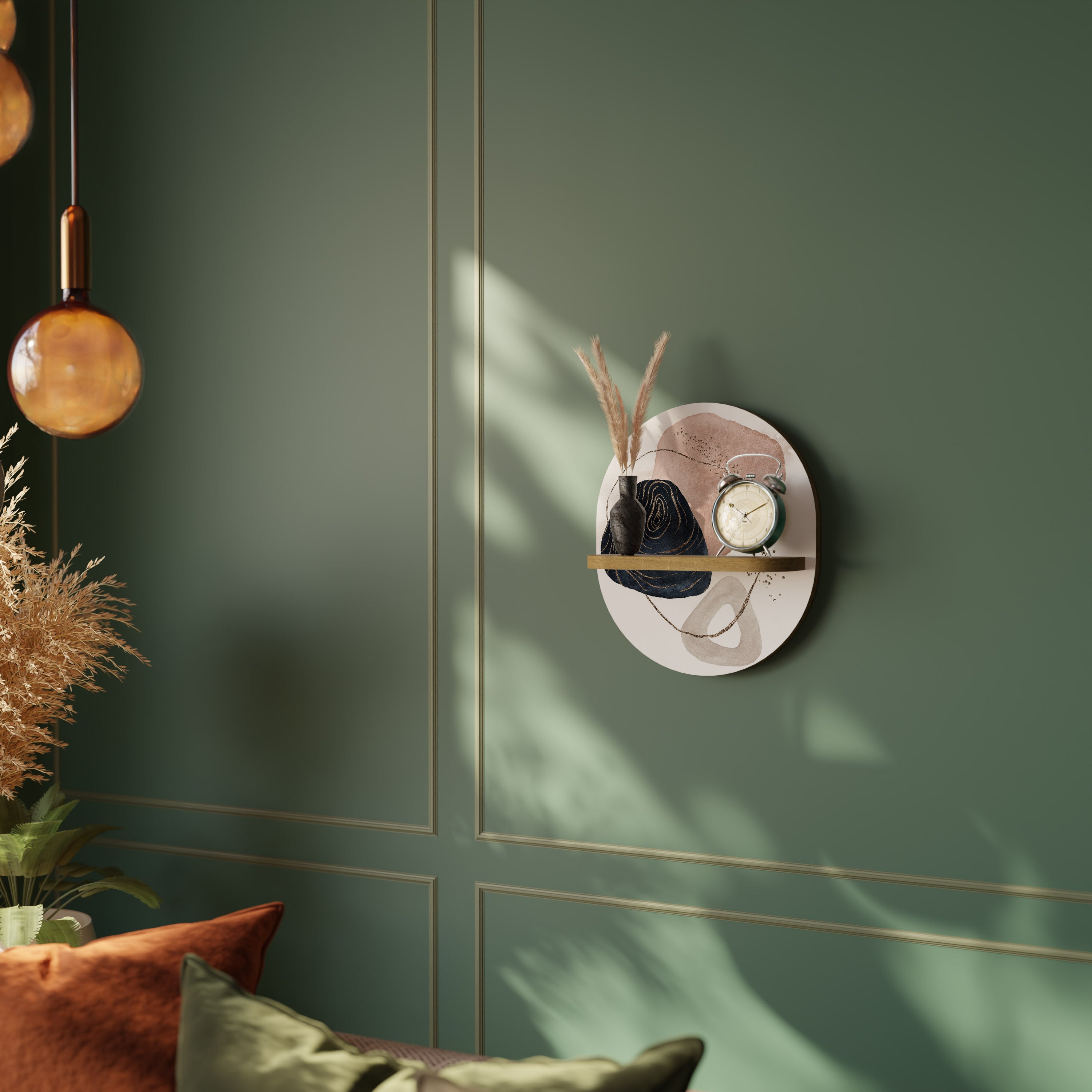 Estantería de arte ovalada con formas coloridas en efecto roble