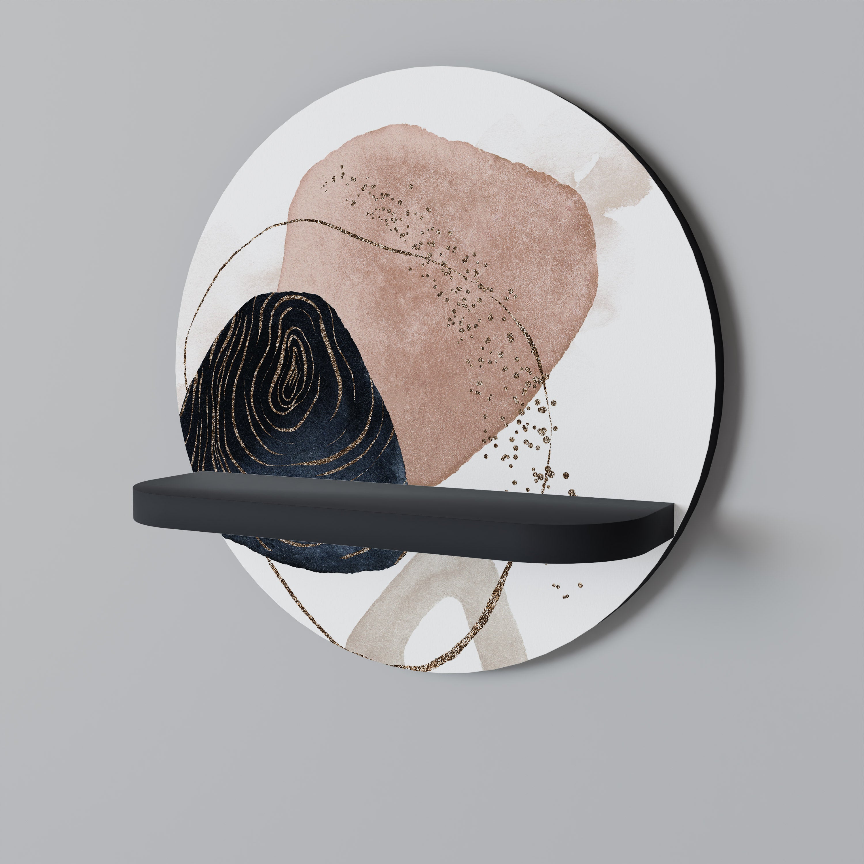 Estantería de arte redonda con formas coloridas en acabado negro