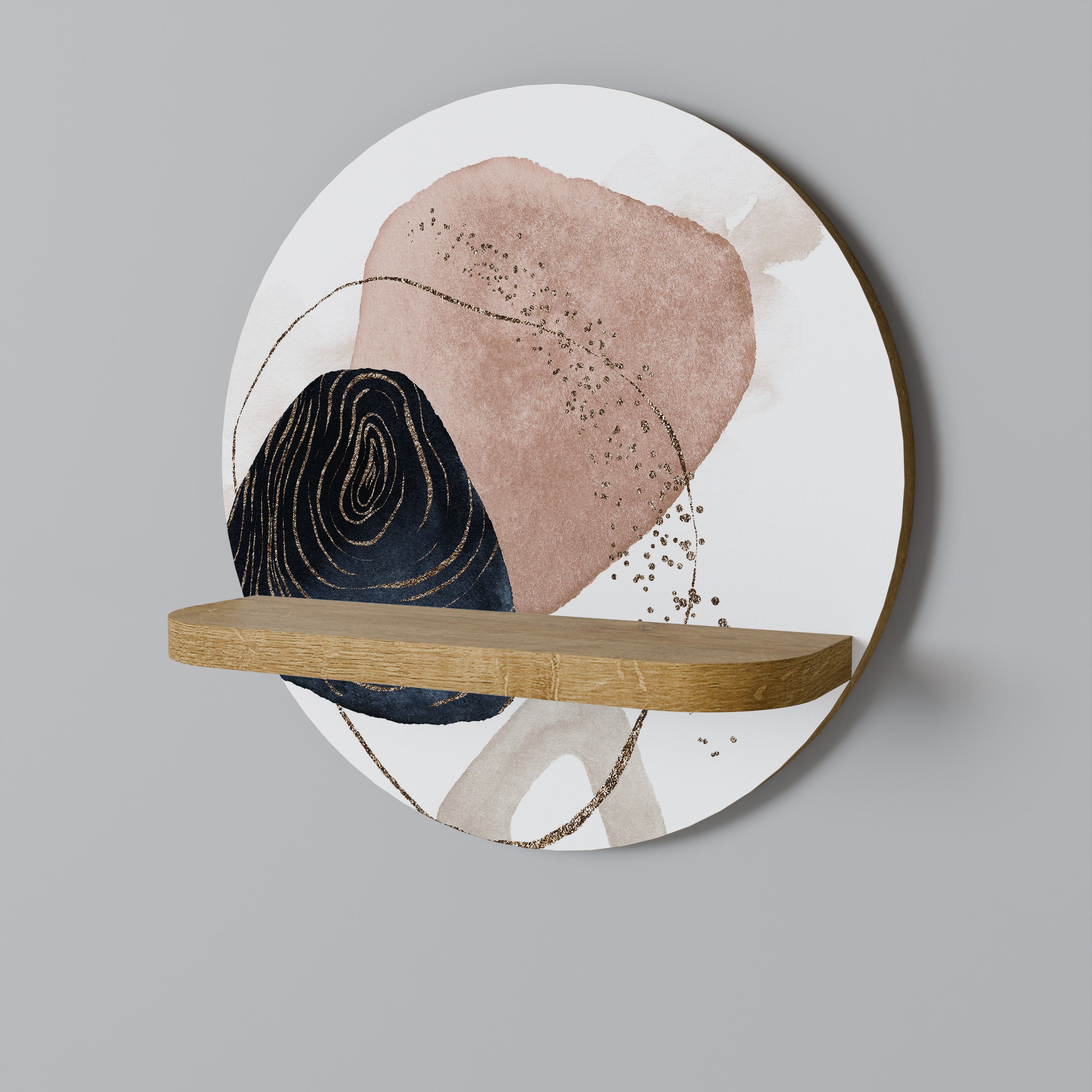 Estantería de arte redonda con formas coloridas en efecto roble