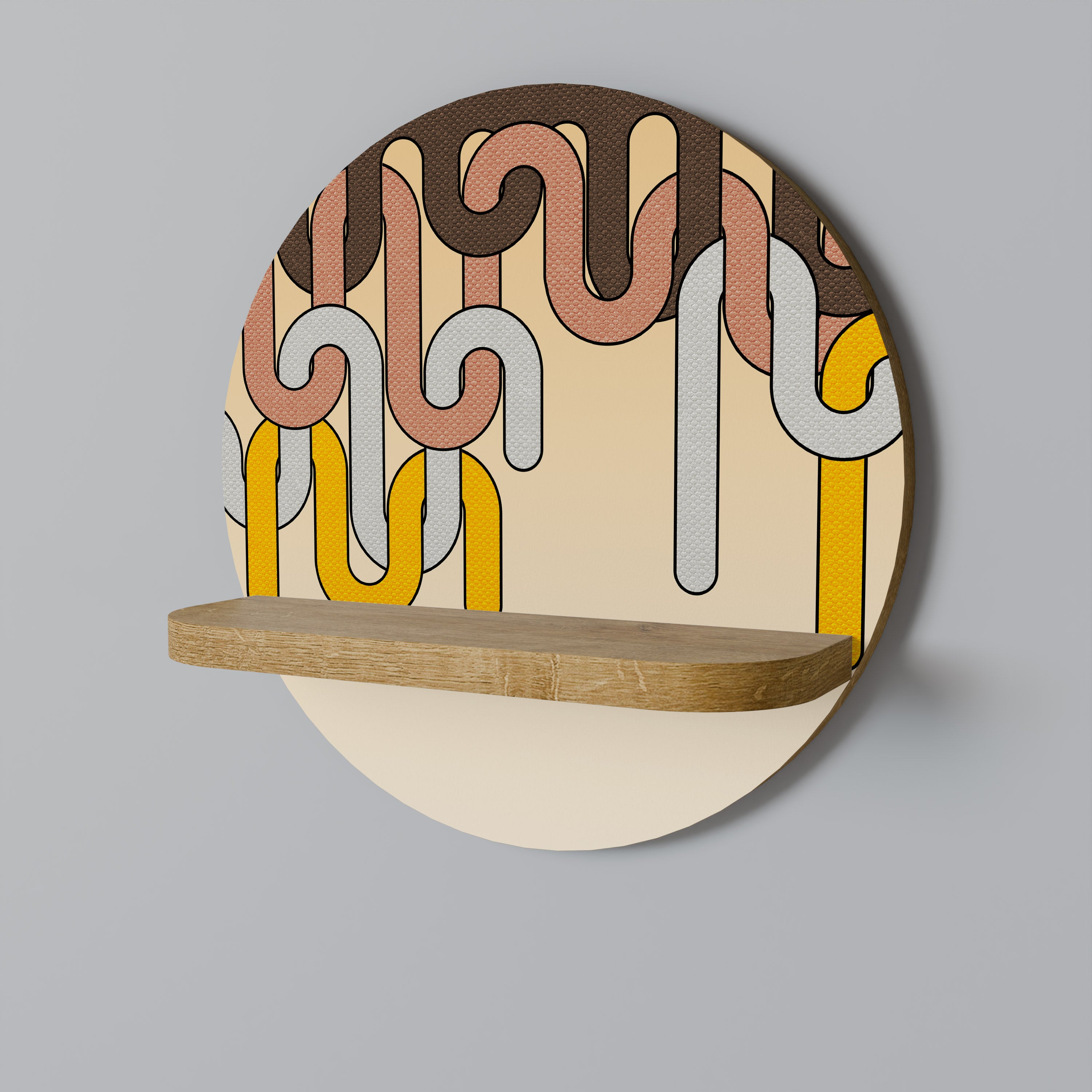 Estantería de arte redonda COLORFUL STRINGS con efecto roble