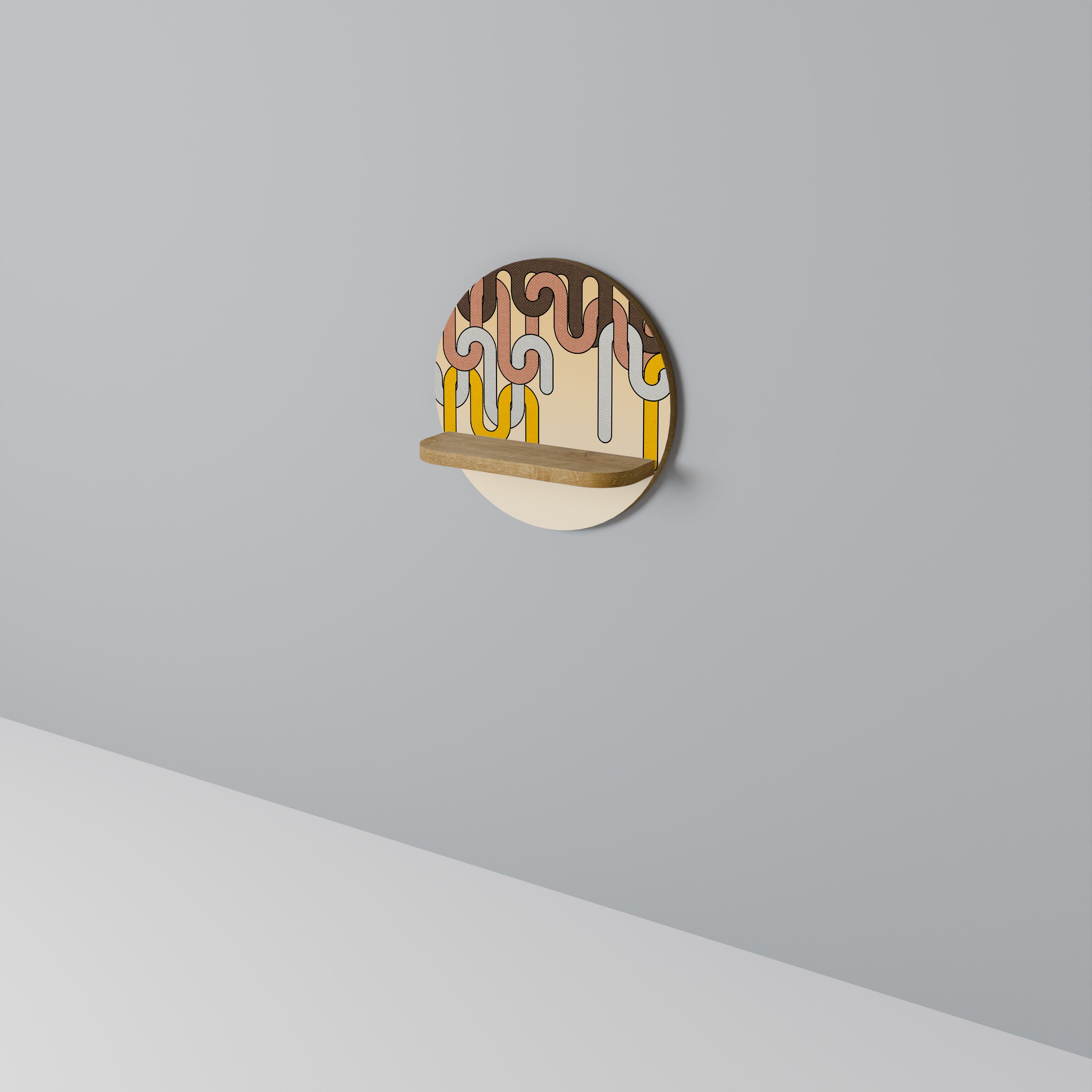 Estantería de arte redonda COLORFUL STRINGS con efecto roble