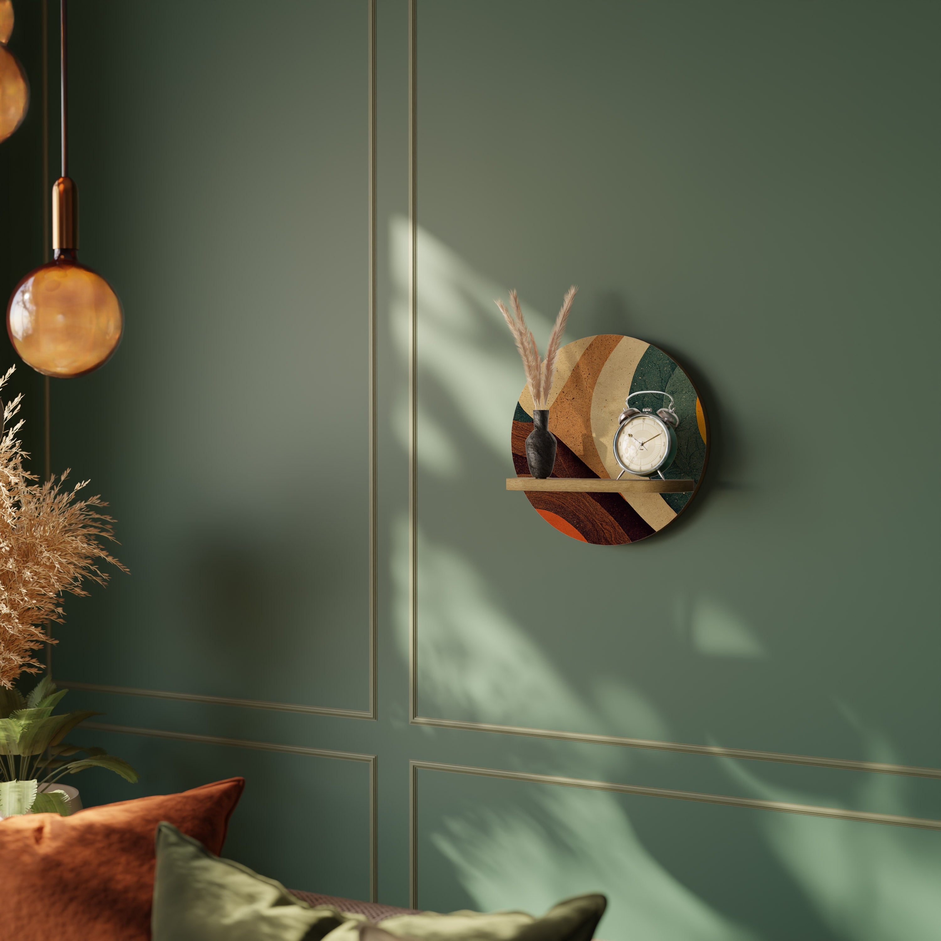 Estantería de arte redonda COLORFUL STRANDS con efecto roble