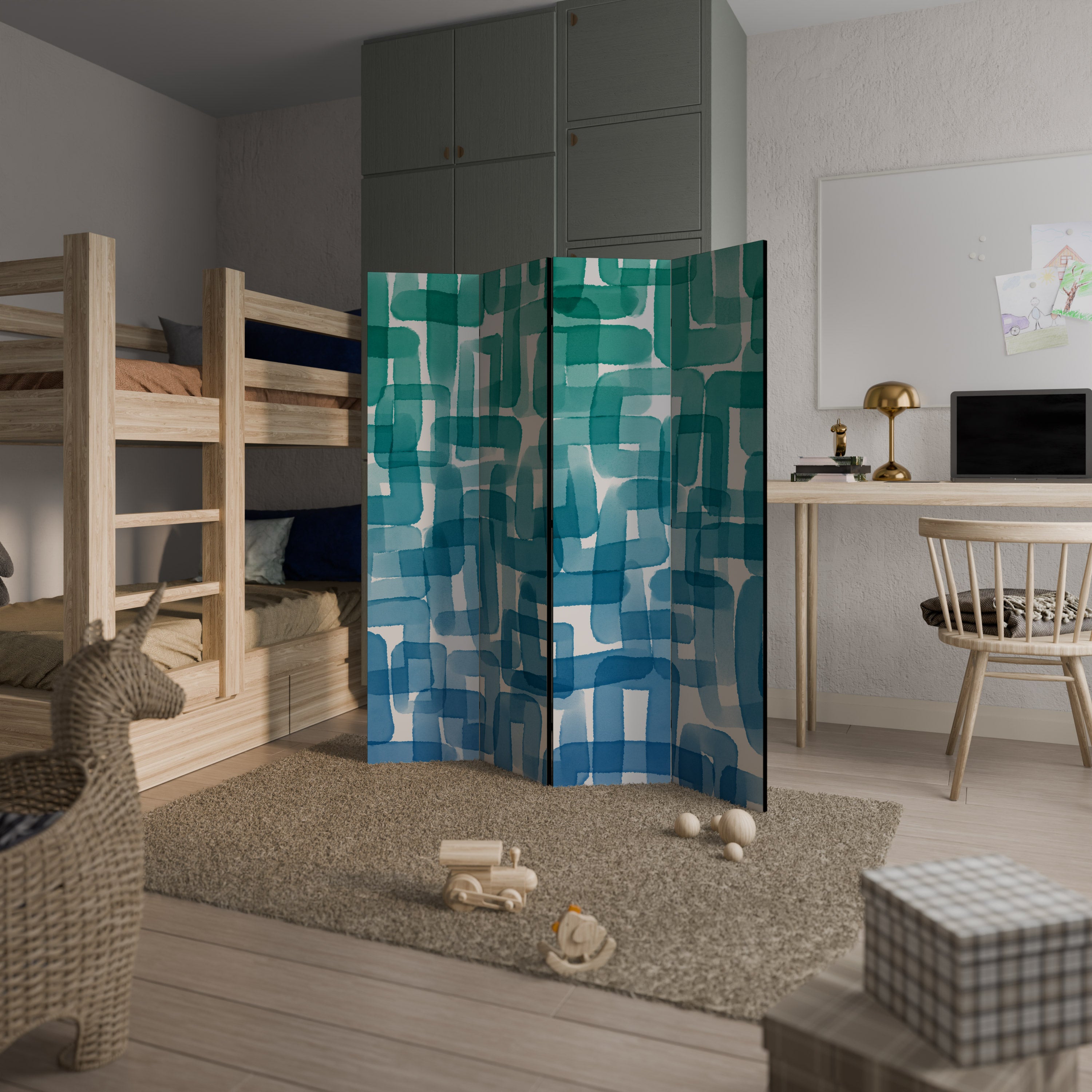 TURQUOISE RECTANGLES Decorative 4-Panel Room Divider