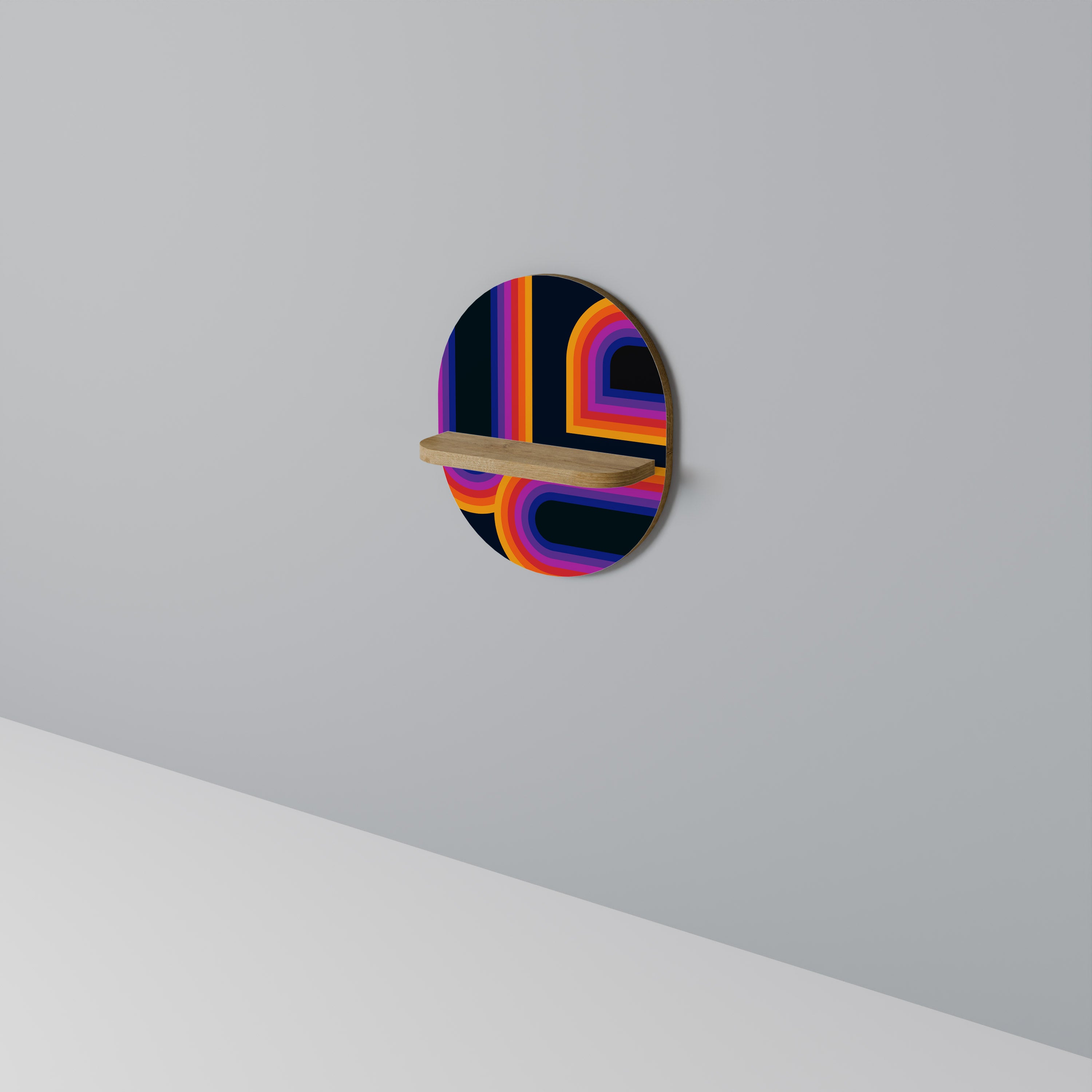 CEGADO POR LAS LUCES Estantería de arte ovalada en efecto roble