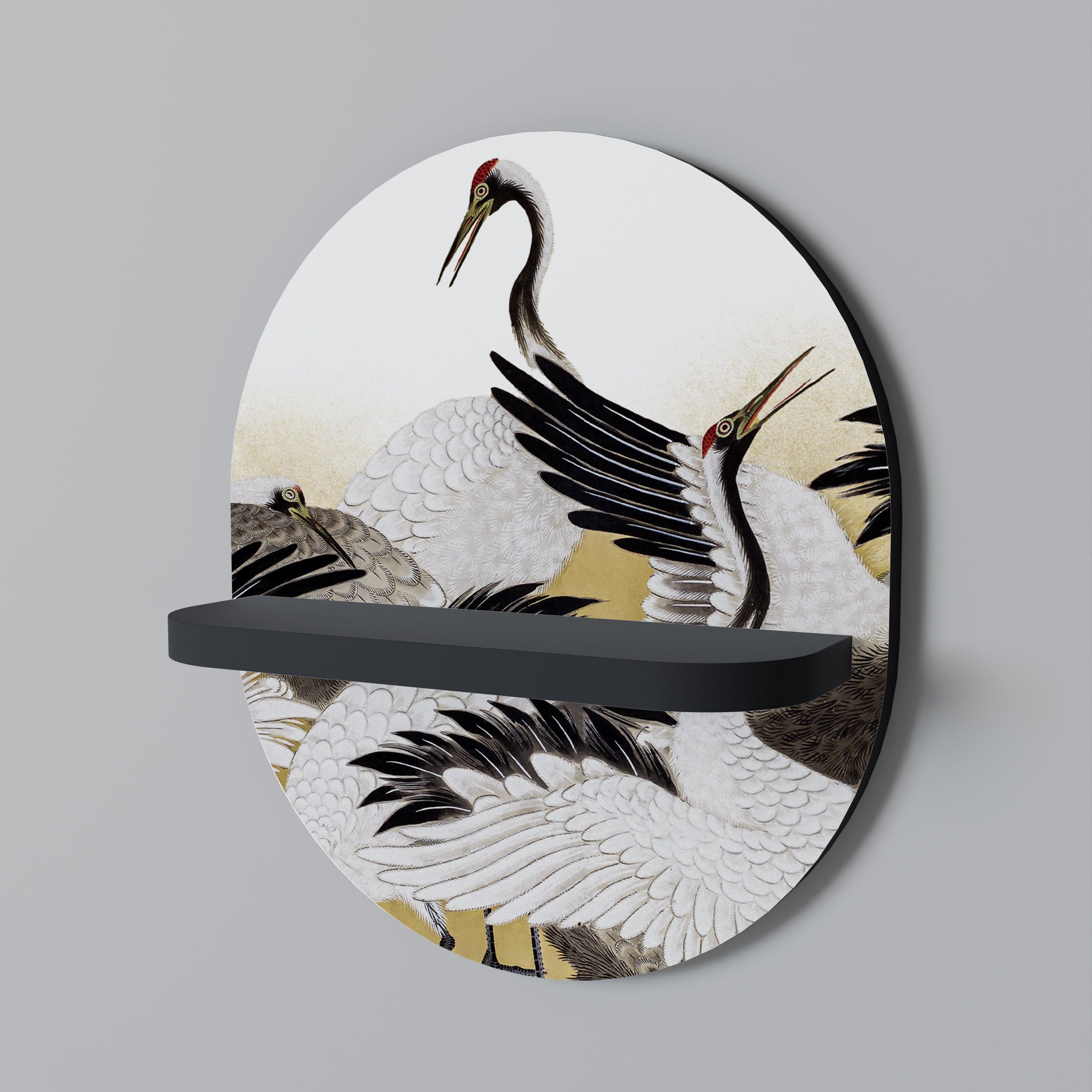 Estantería de arte ovalada con diseño de bandada de grúas japonesas en acabado negro