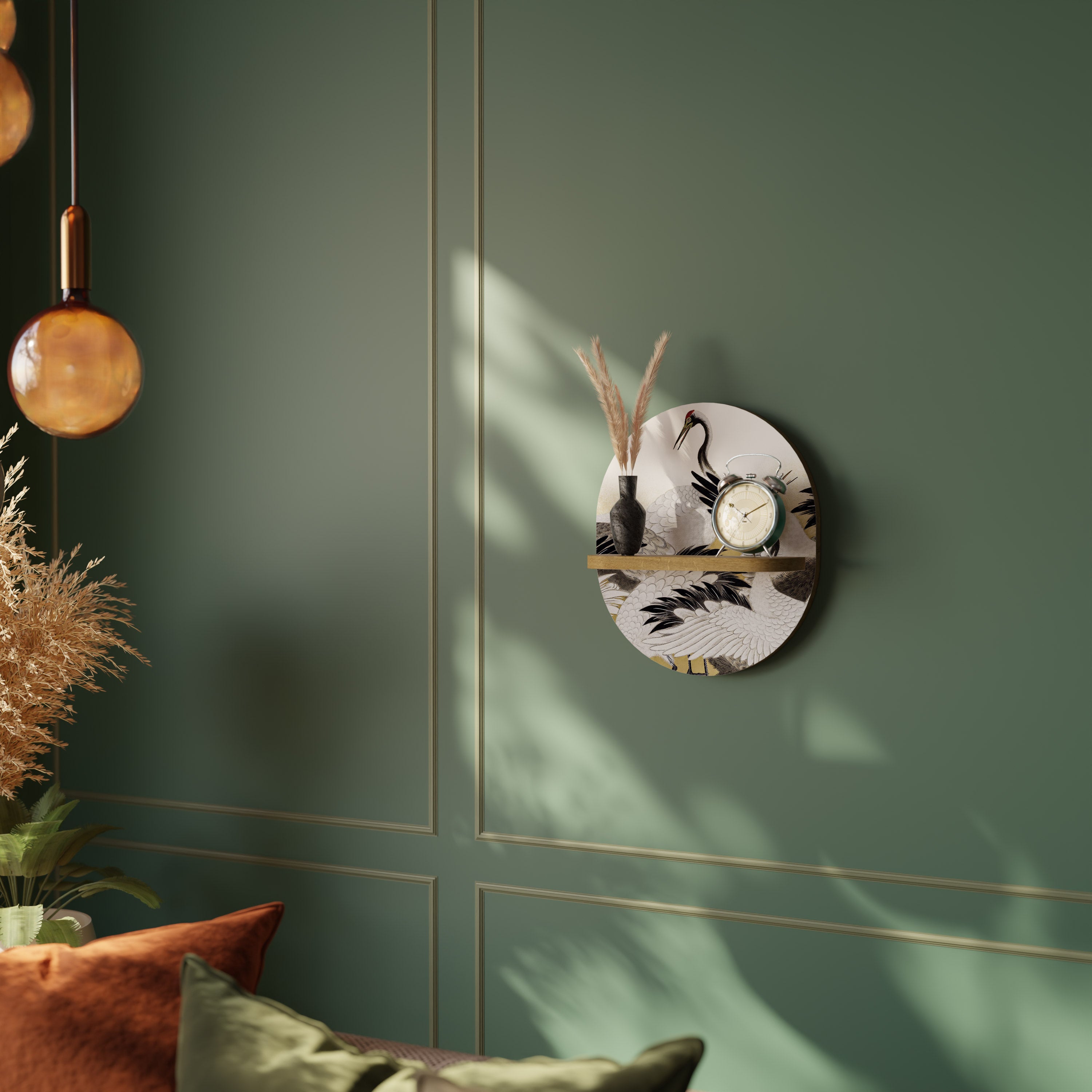 Estantería de arte ovalada con efecto roble "BANDADA DE GRÚAS JAPONESAS"