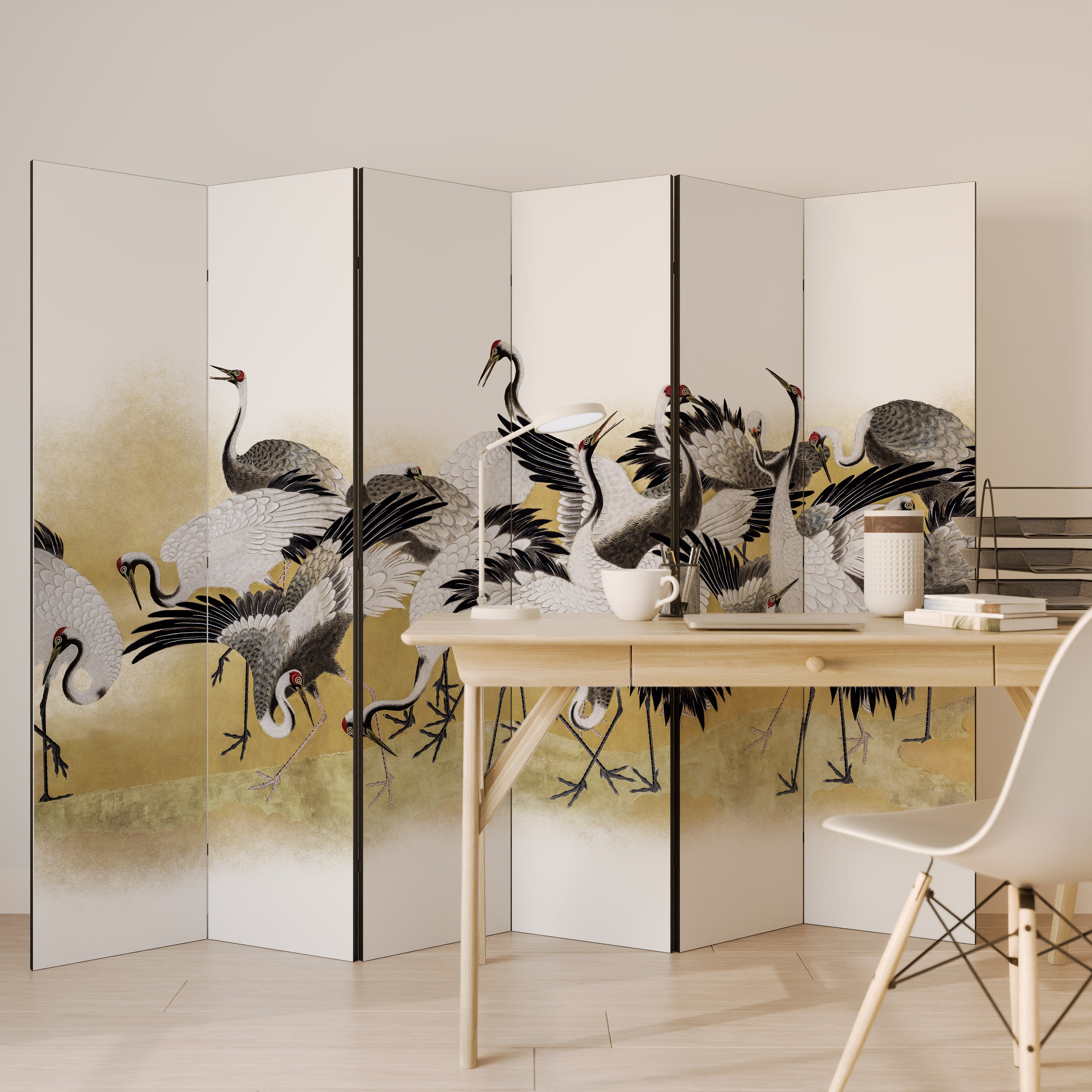Biombo decorativo de 6 paneles con diseño de bandada de grúas japonesas