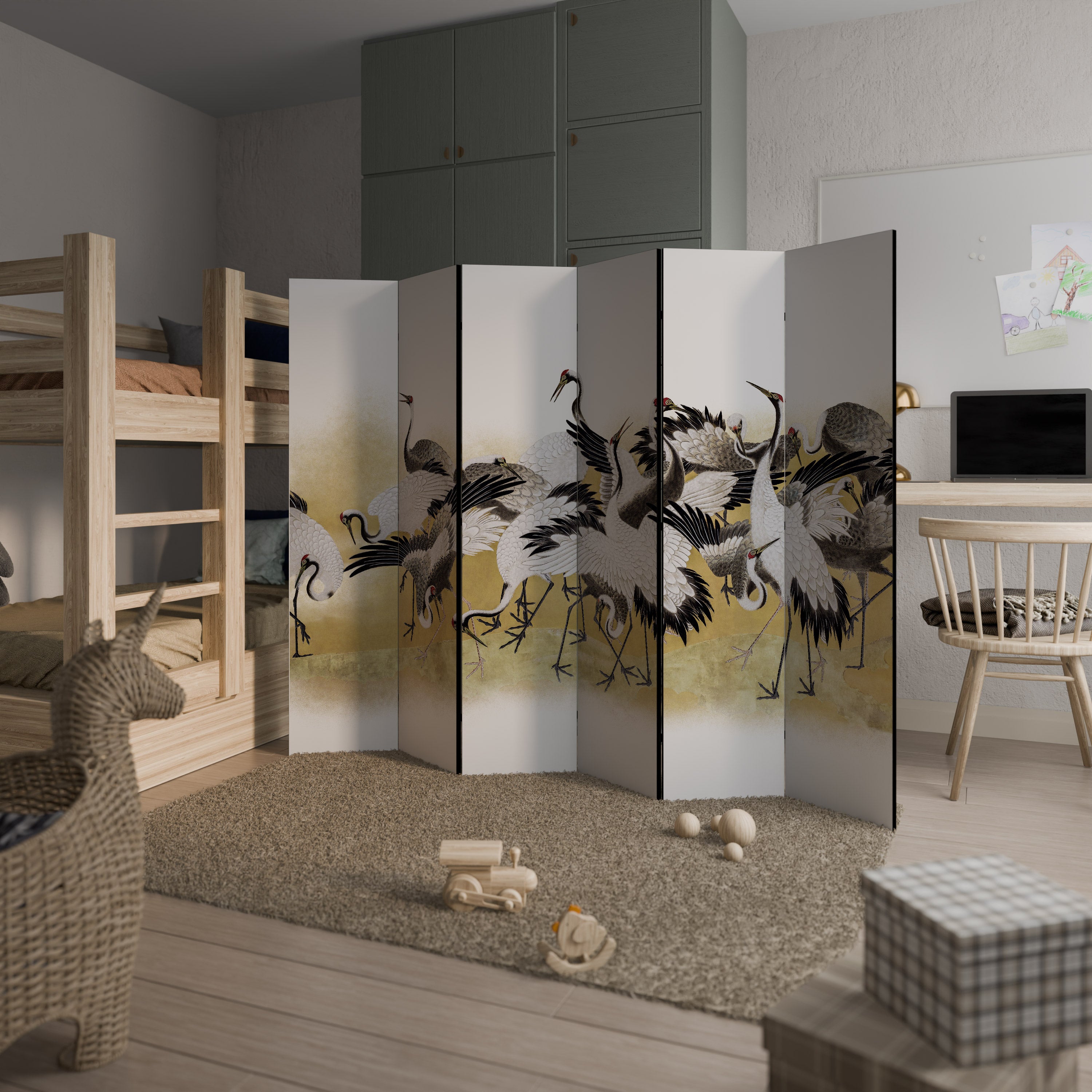 Biombo decorativo de 6 paneles con diseño de bandada de grúas japonesas