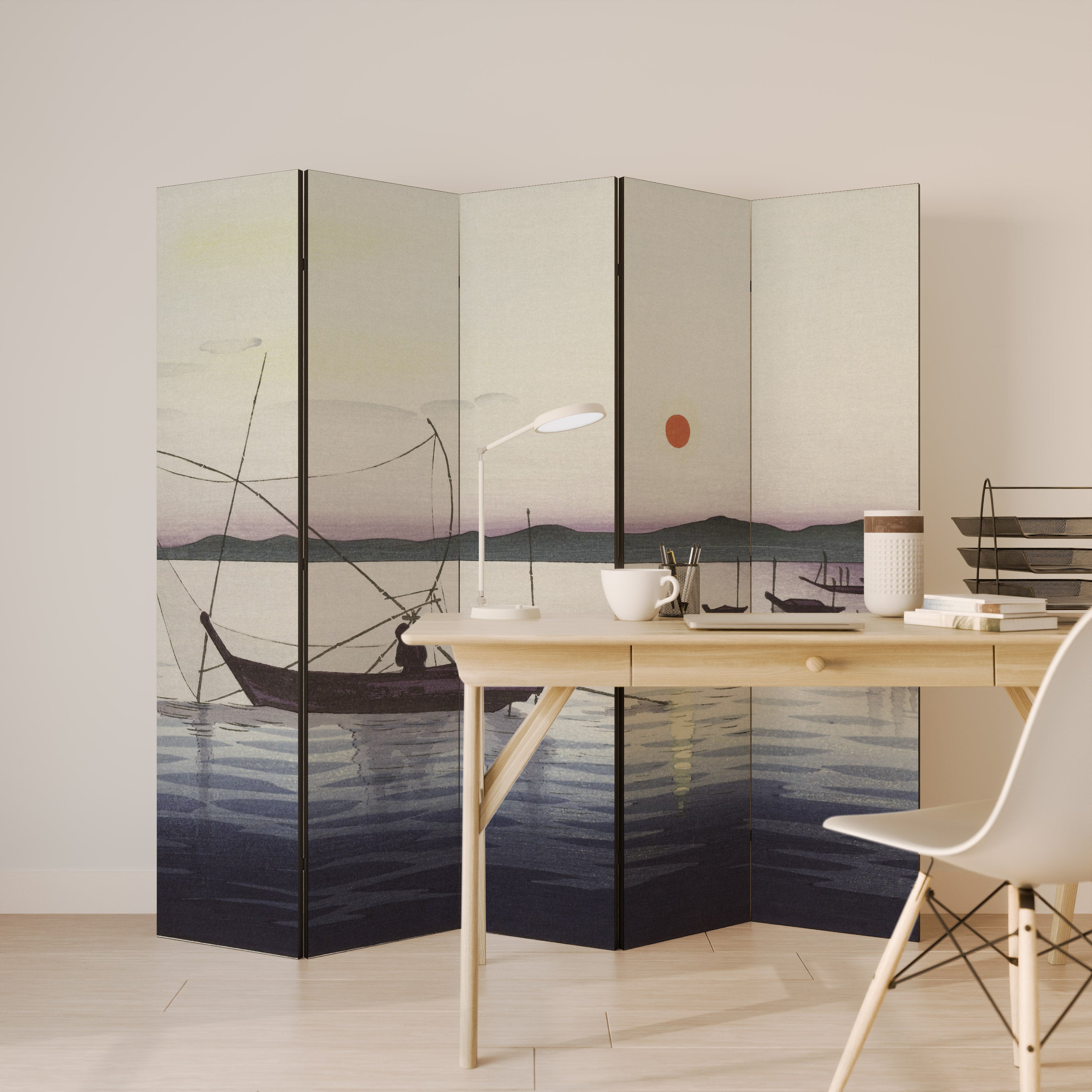 BOATS AND SETTING SUN Decorative 5-Panel Room Divider