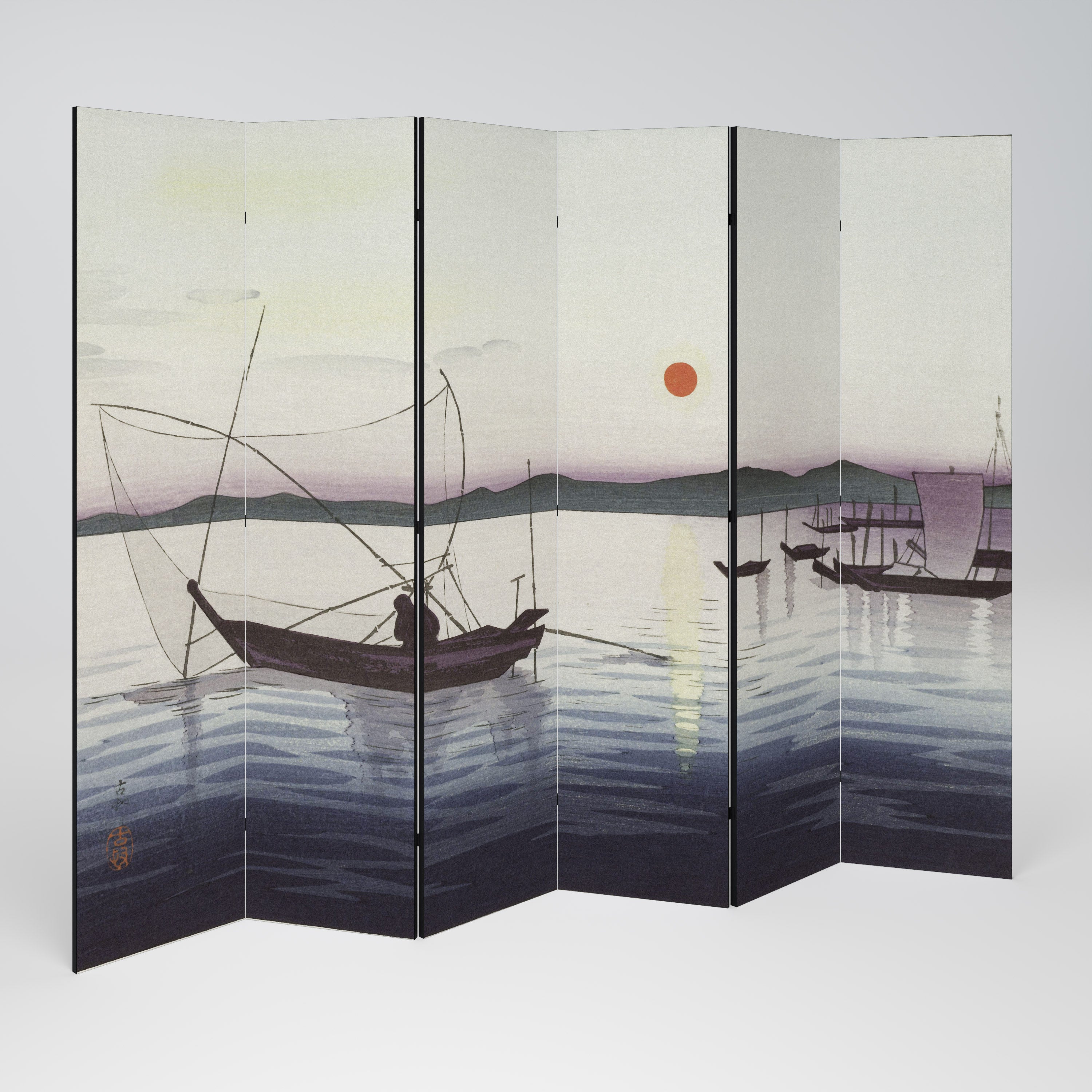 Biombo decorativo de 6 paneles BARCOS Y SOL PUESTO