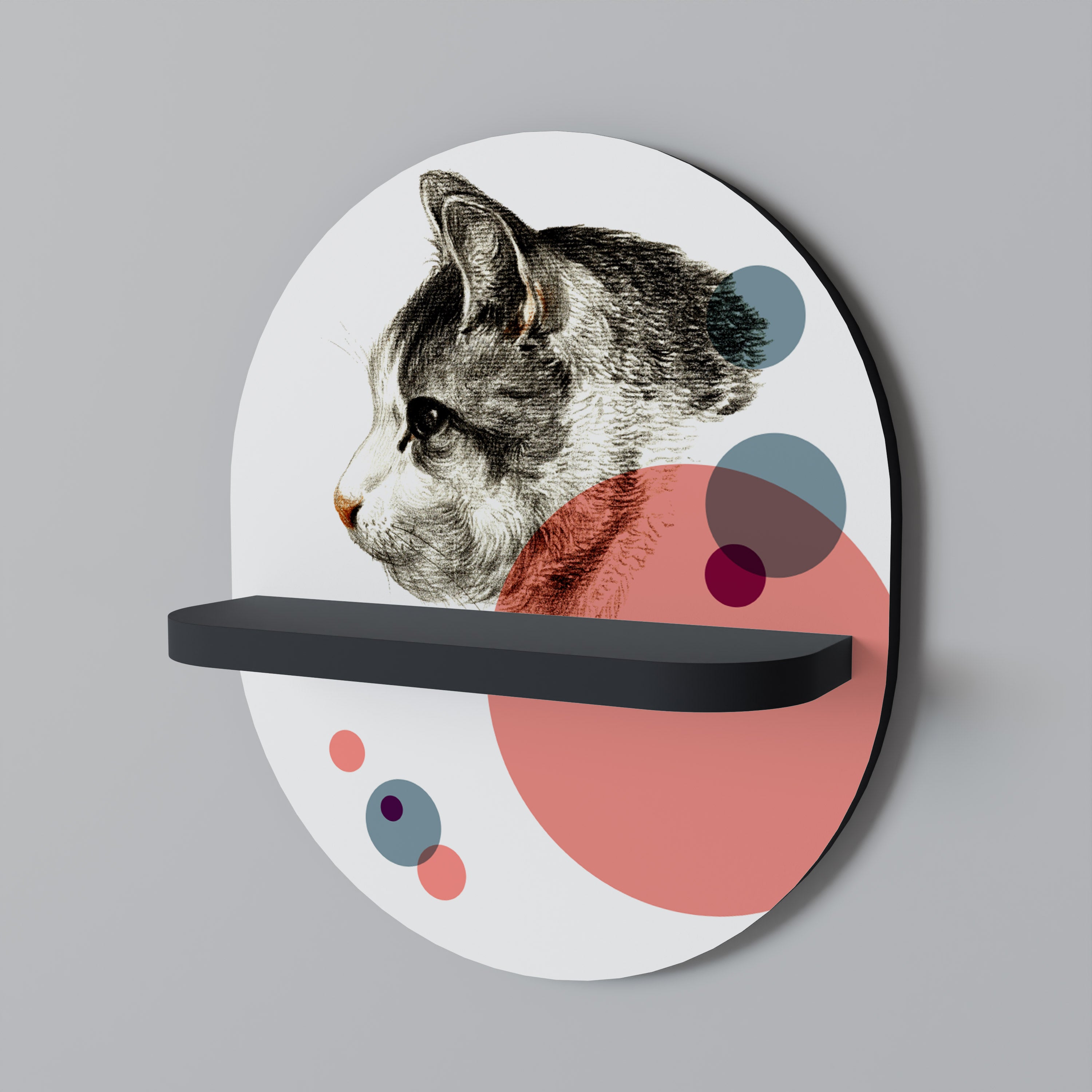 Estantería de arte ovalada con diseño de gato burbuja y acabado negro