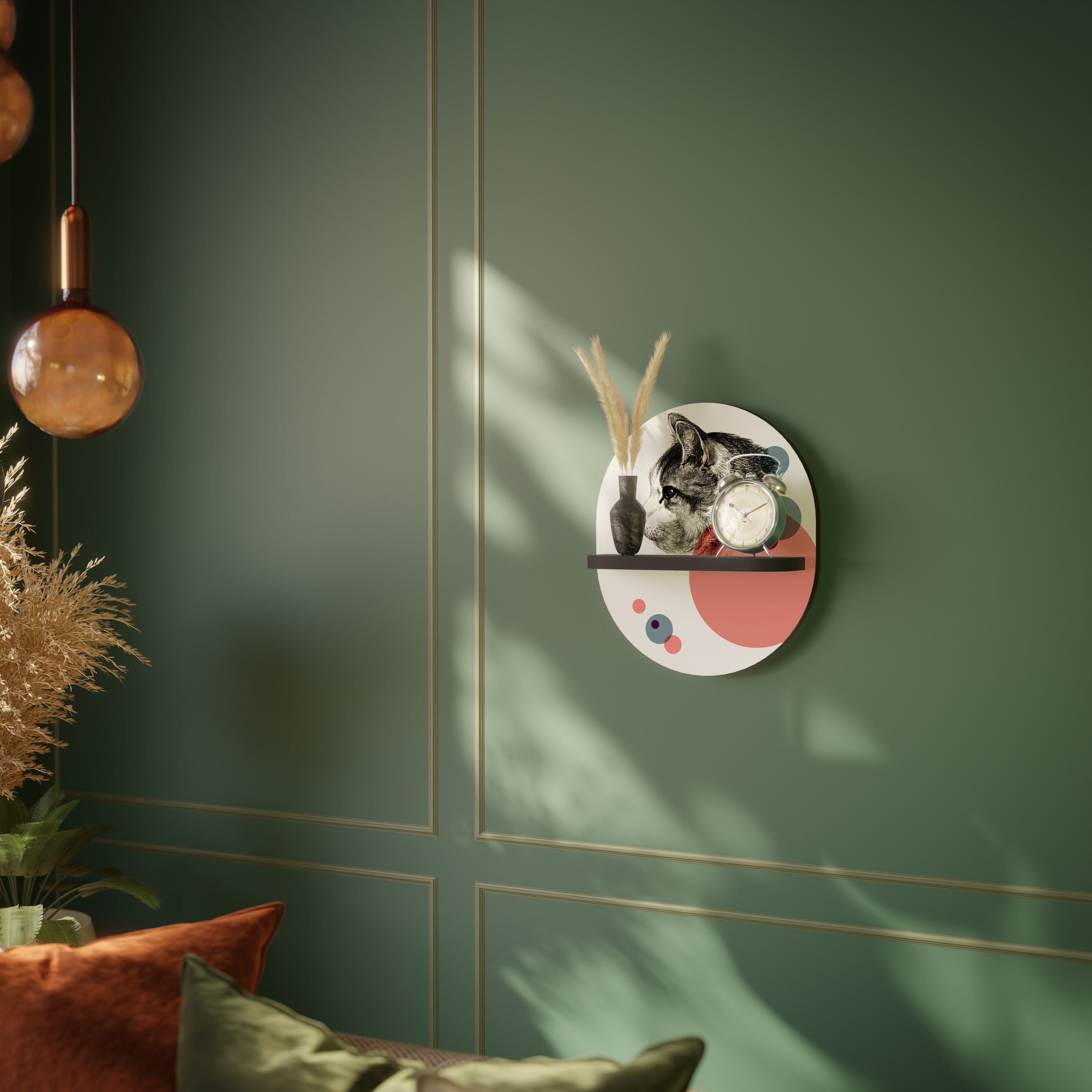 Estantería de arte ovalada con diseño de gato burbuja y acabado negro