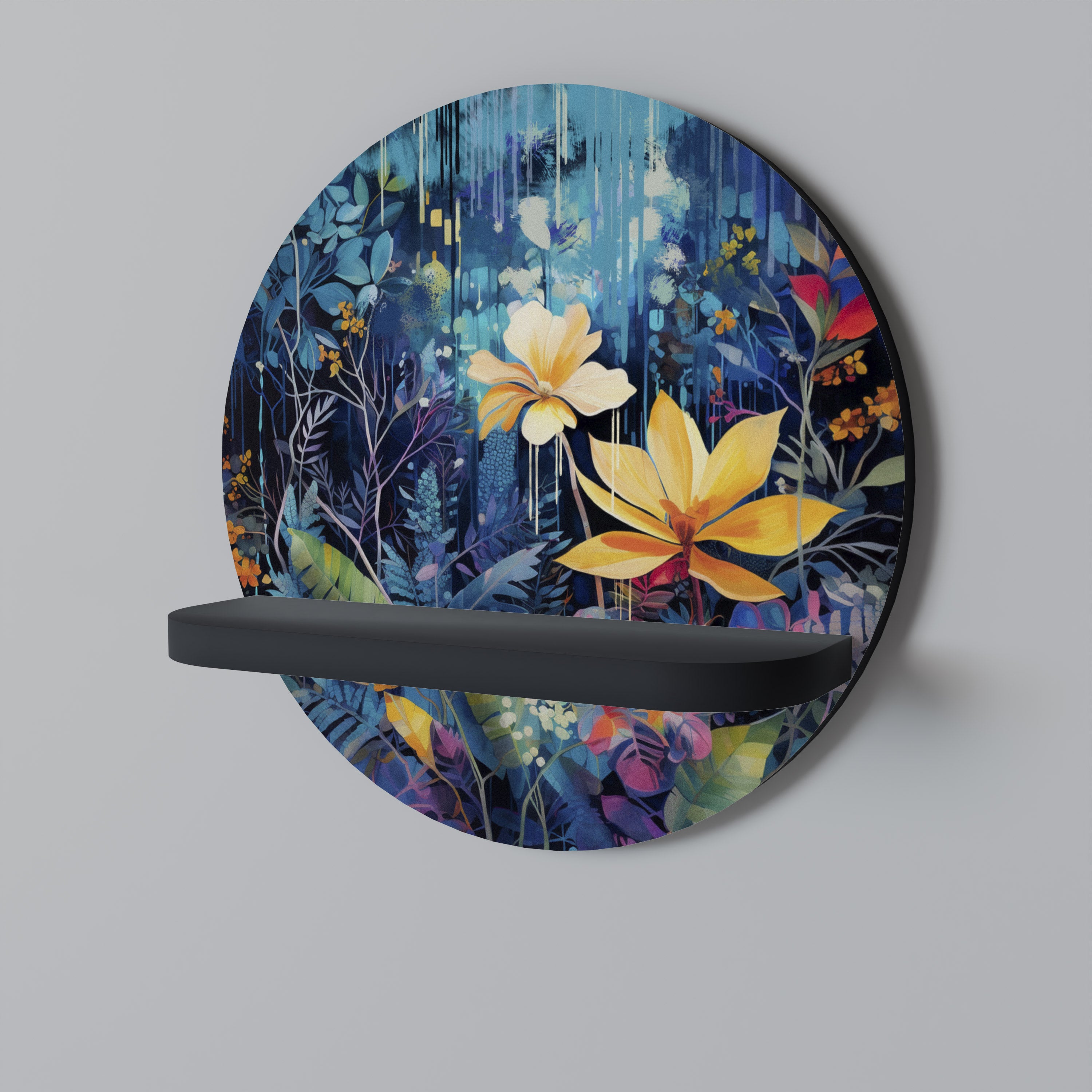 MIDNIGHT BLOSSOM Round Art Shelf In Black Finish