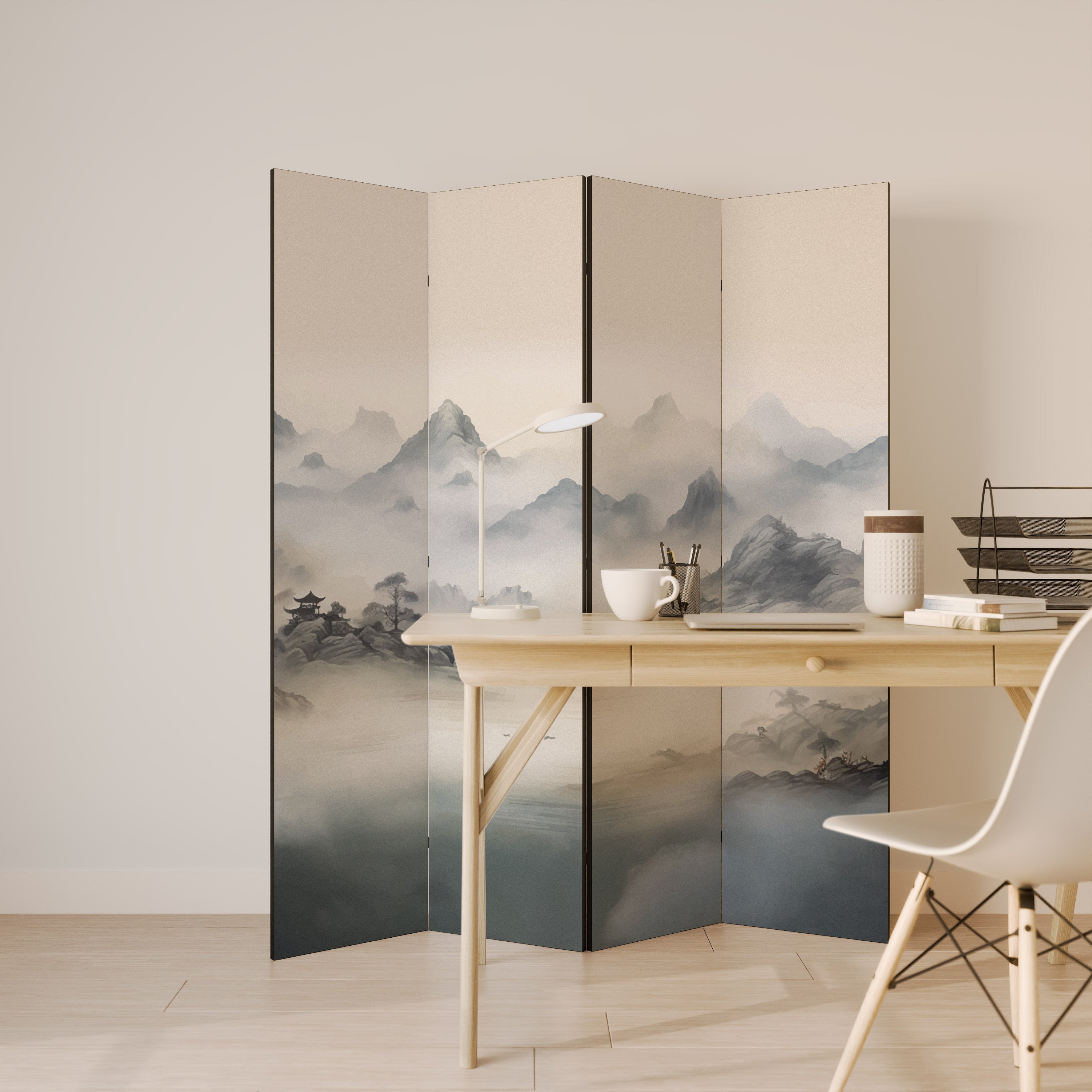 Biombo decorativo de 4 paneles HIDDEN TEMPLE MIST