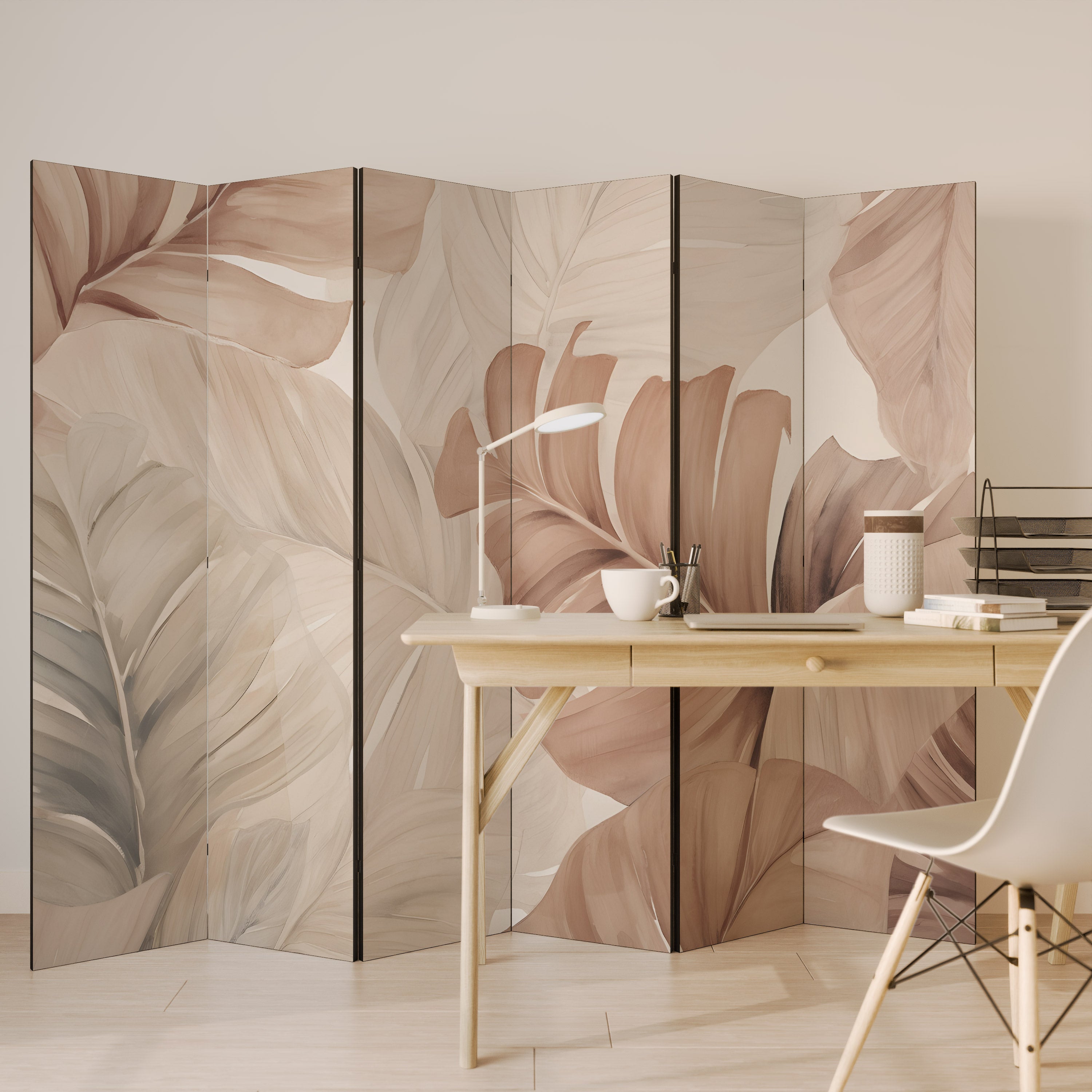 Biombo decorativo de 6 paneles con tonos suaves de follaje