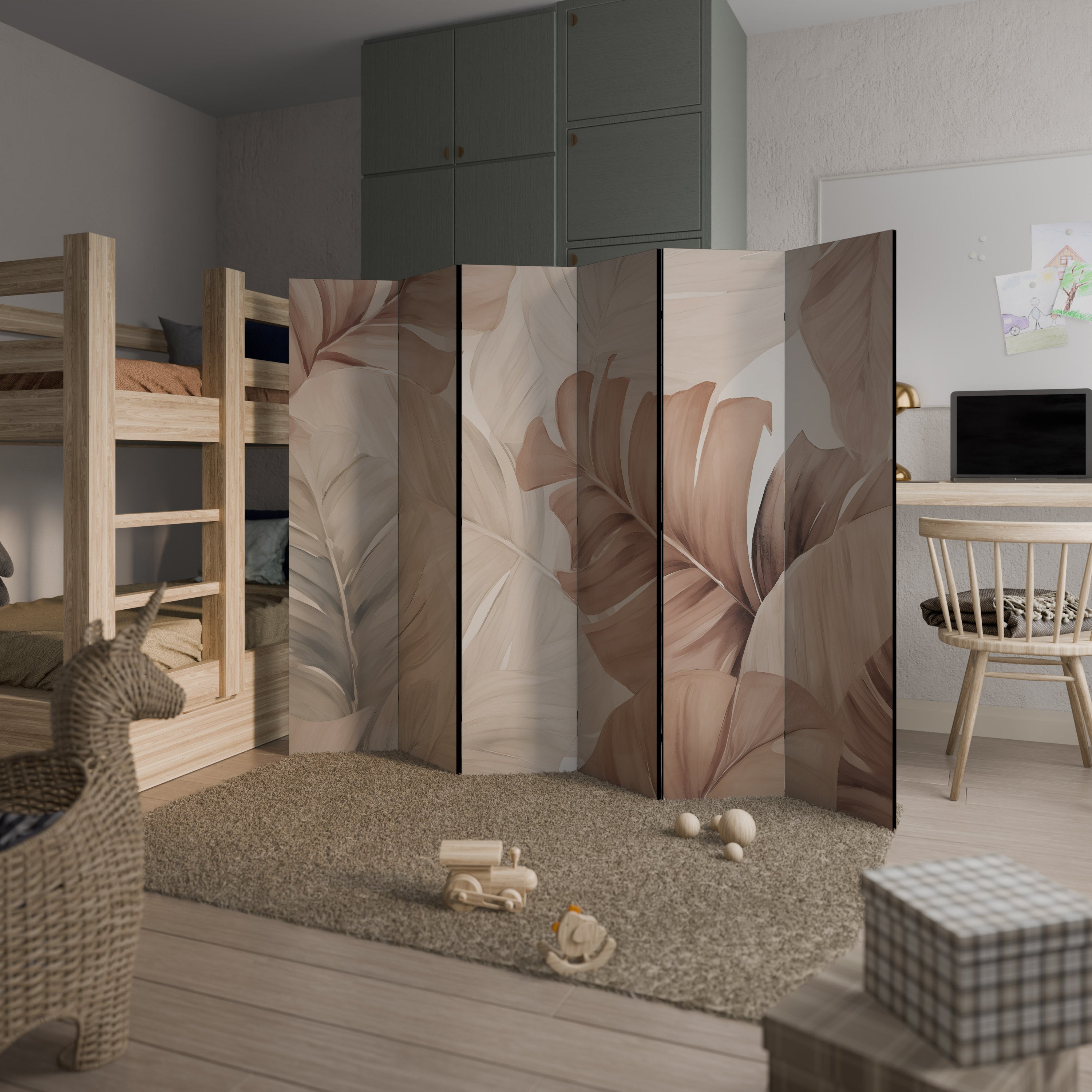 Biombo decorativo de 6 paneles con tonos suaves de follaje