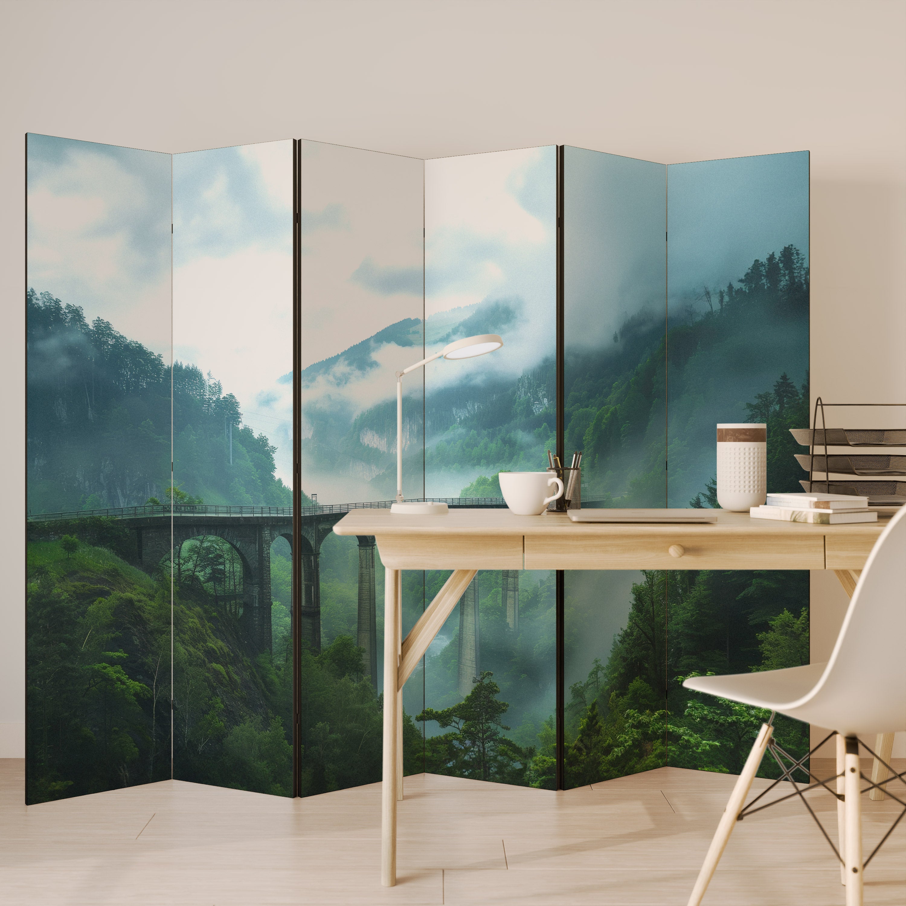 Biombo decorativo de 6 paneles MISTY MOUNTAIN BRIDGES