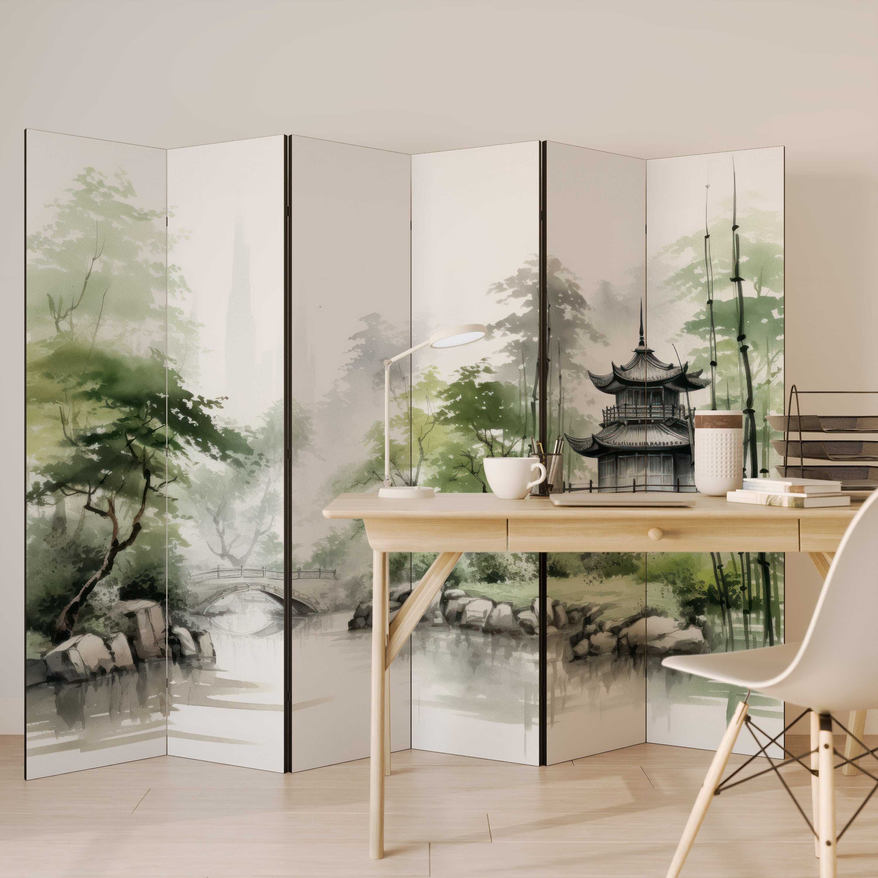 Divisor de ambientes decorativo de 6 paneles "PAISAJE ACUÁTICO ARMONIOSO"