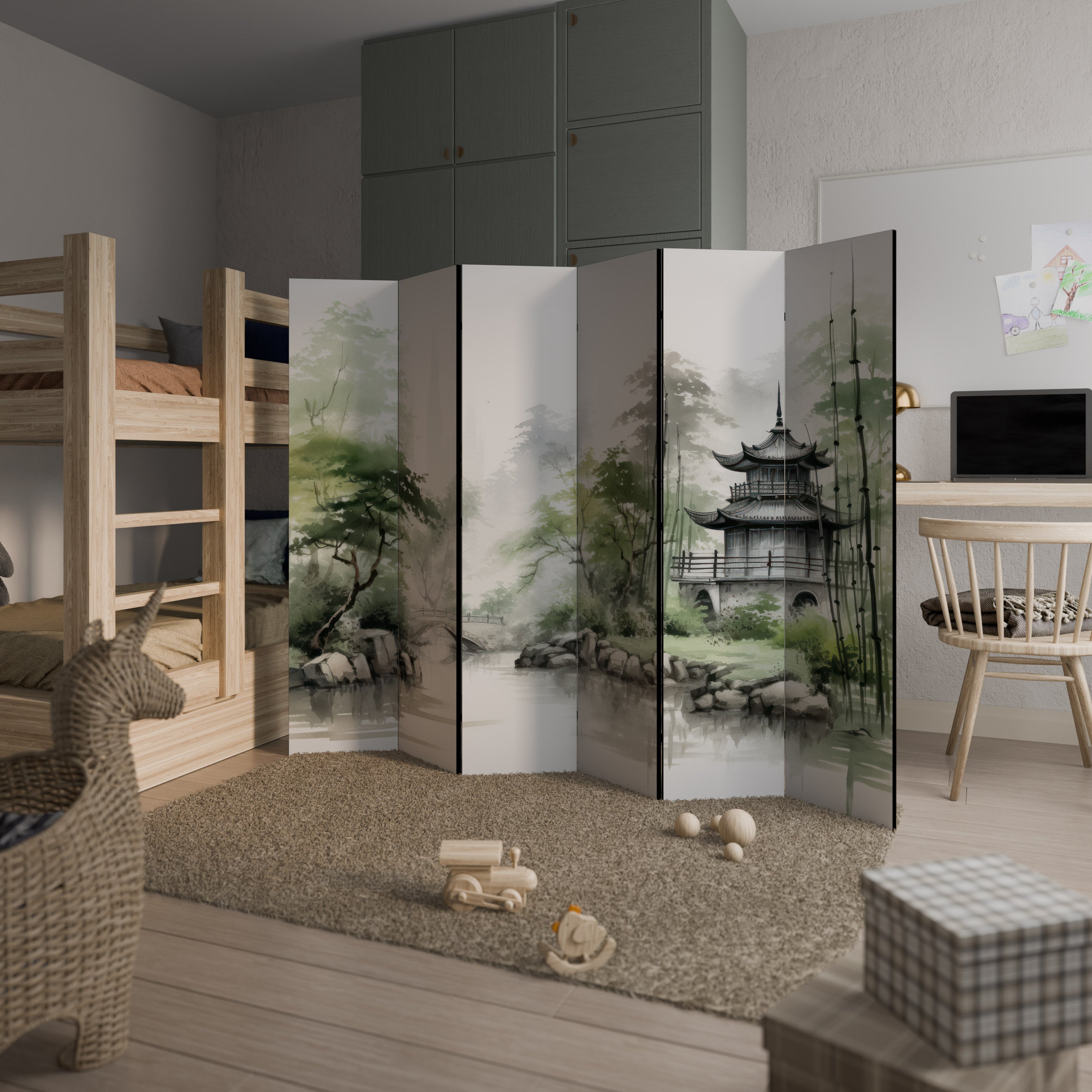 Divisor de ambientes decorativo de 6 paneles "PAISAJE ACUÁTICO ARMONIOSO"