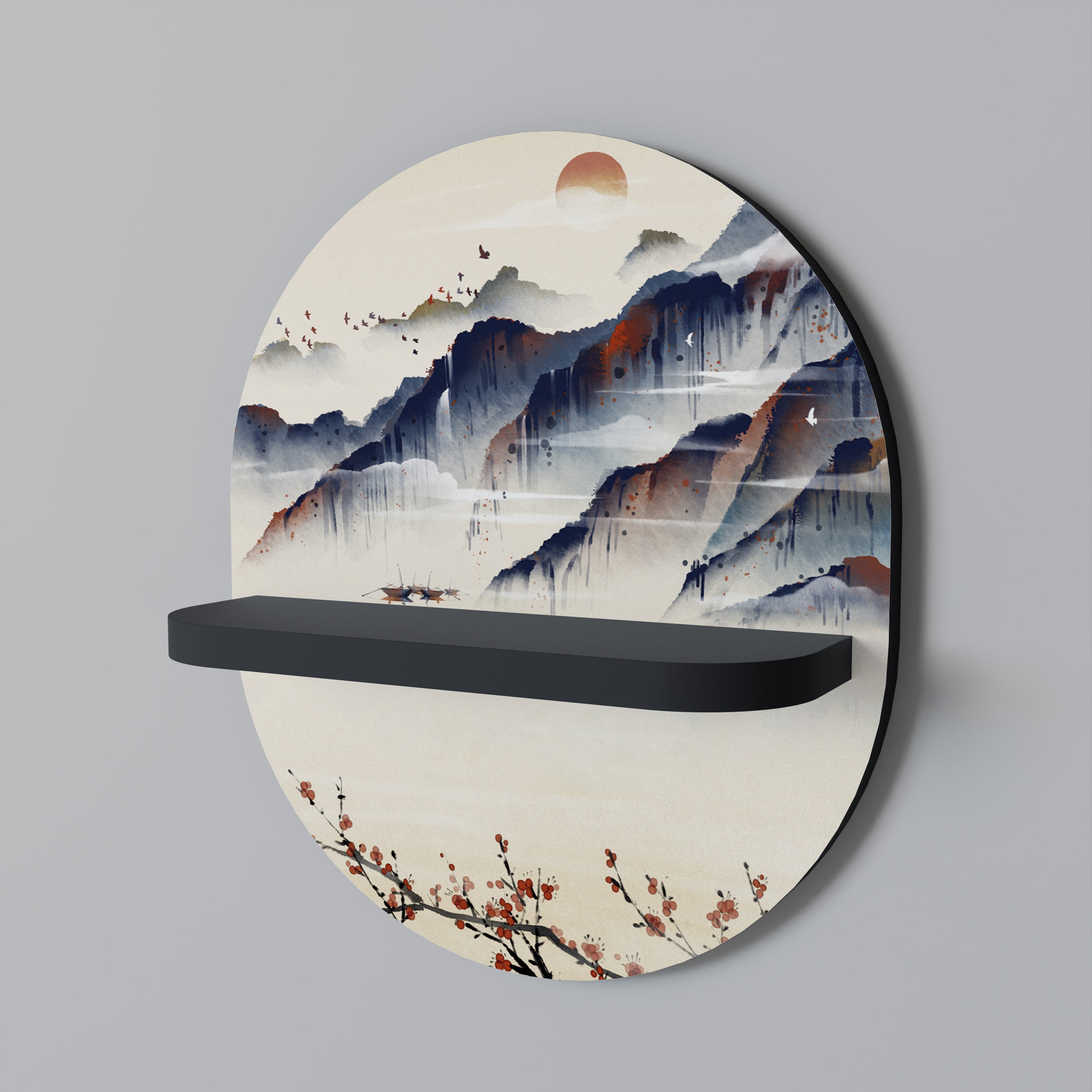 Estantería de arte ovalada con diseño de paisaje japonés en acabado negro