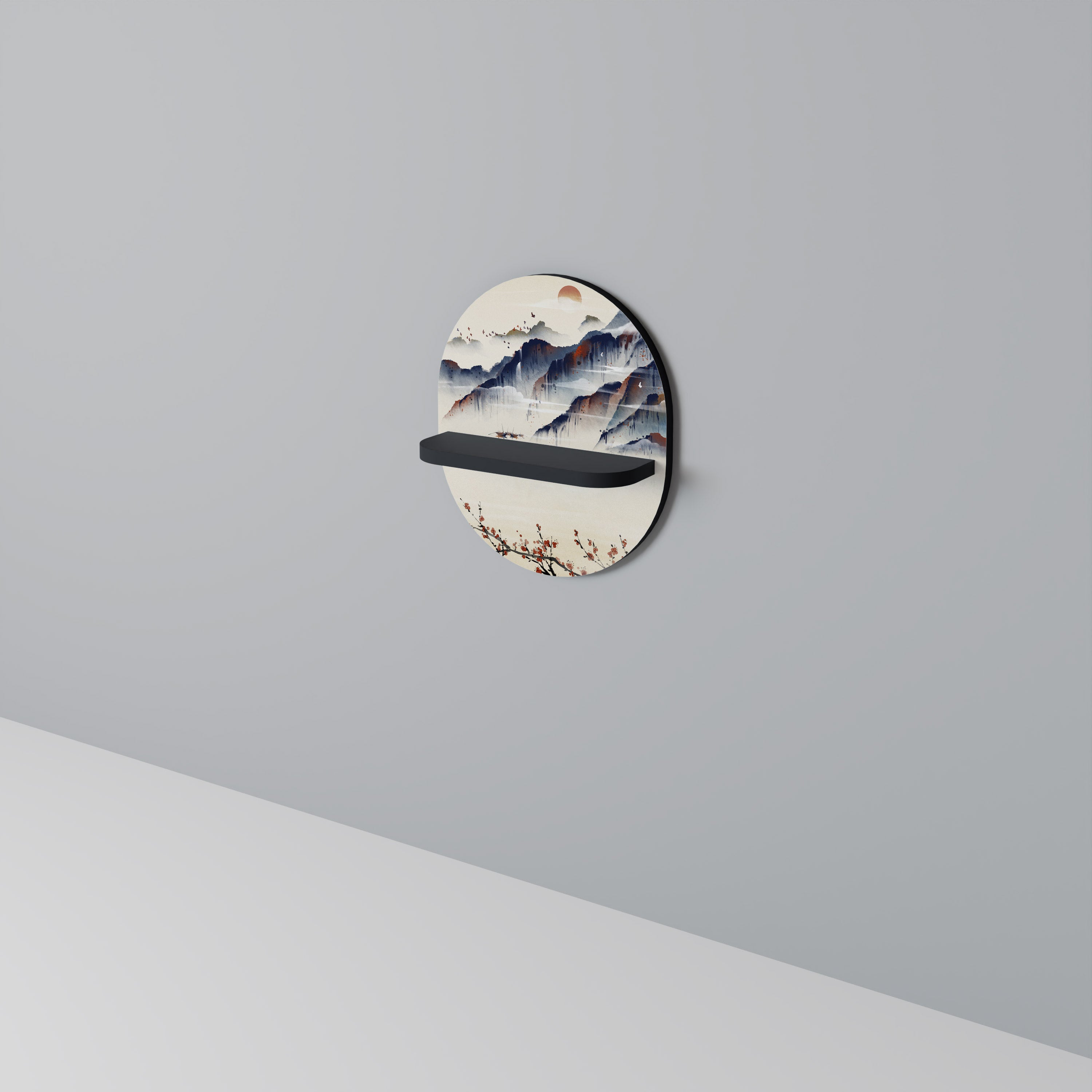 Estantería de arte ovalada con diseño de paisaje japonés en acabado negro
