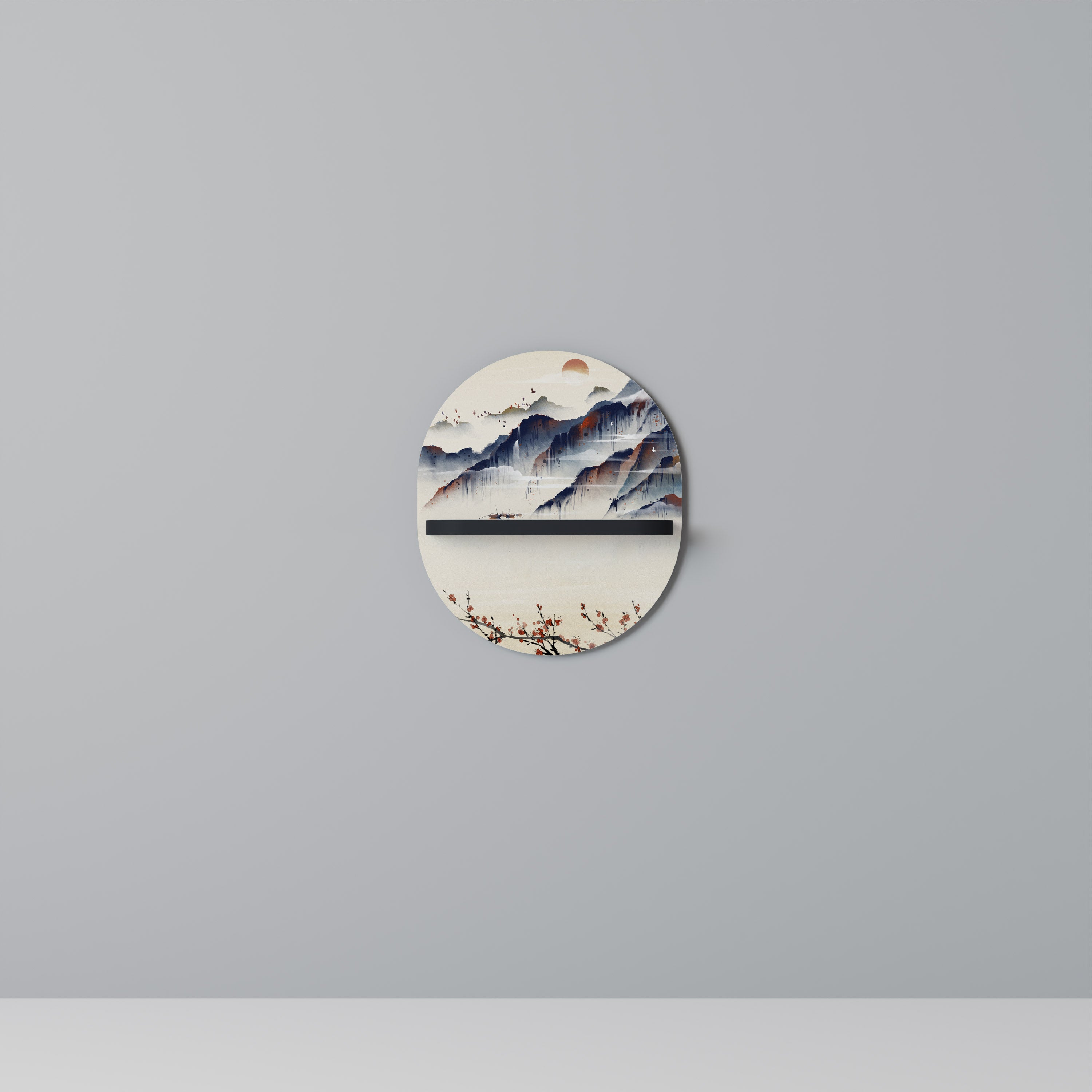 Estantería de arte ovalada con diseño de paisaje japonés en acabado negro