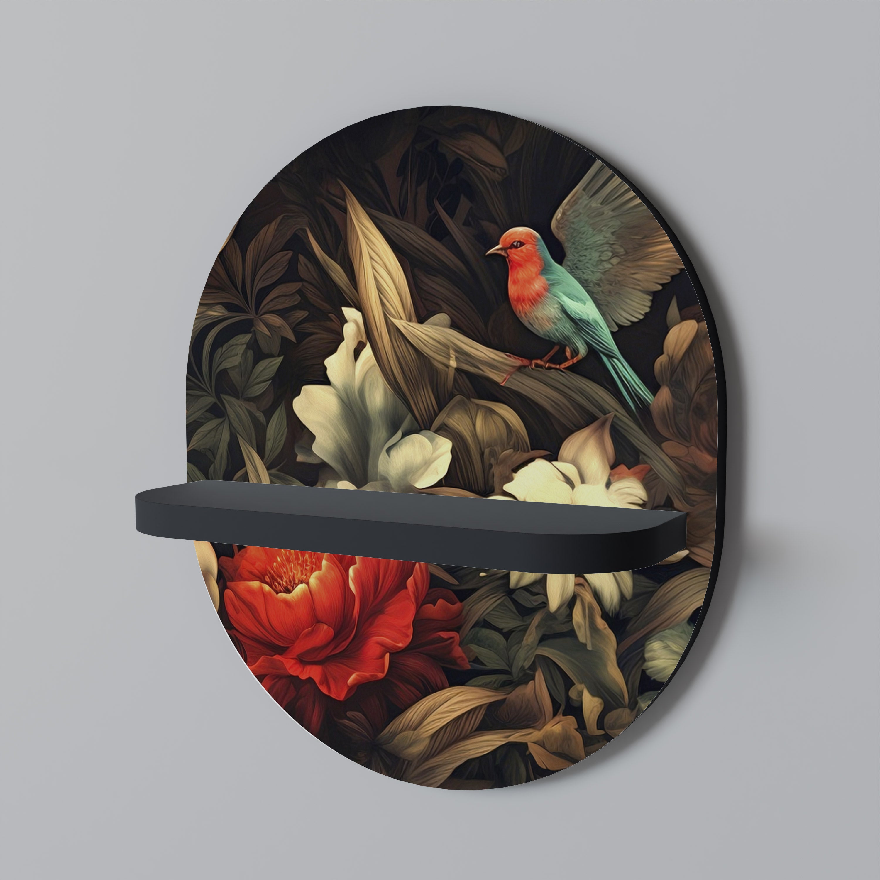 Estantería de arte ovalada con diseño de pájaros botánicos y acabado negro