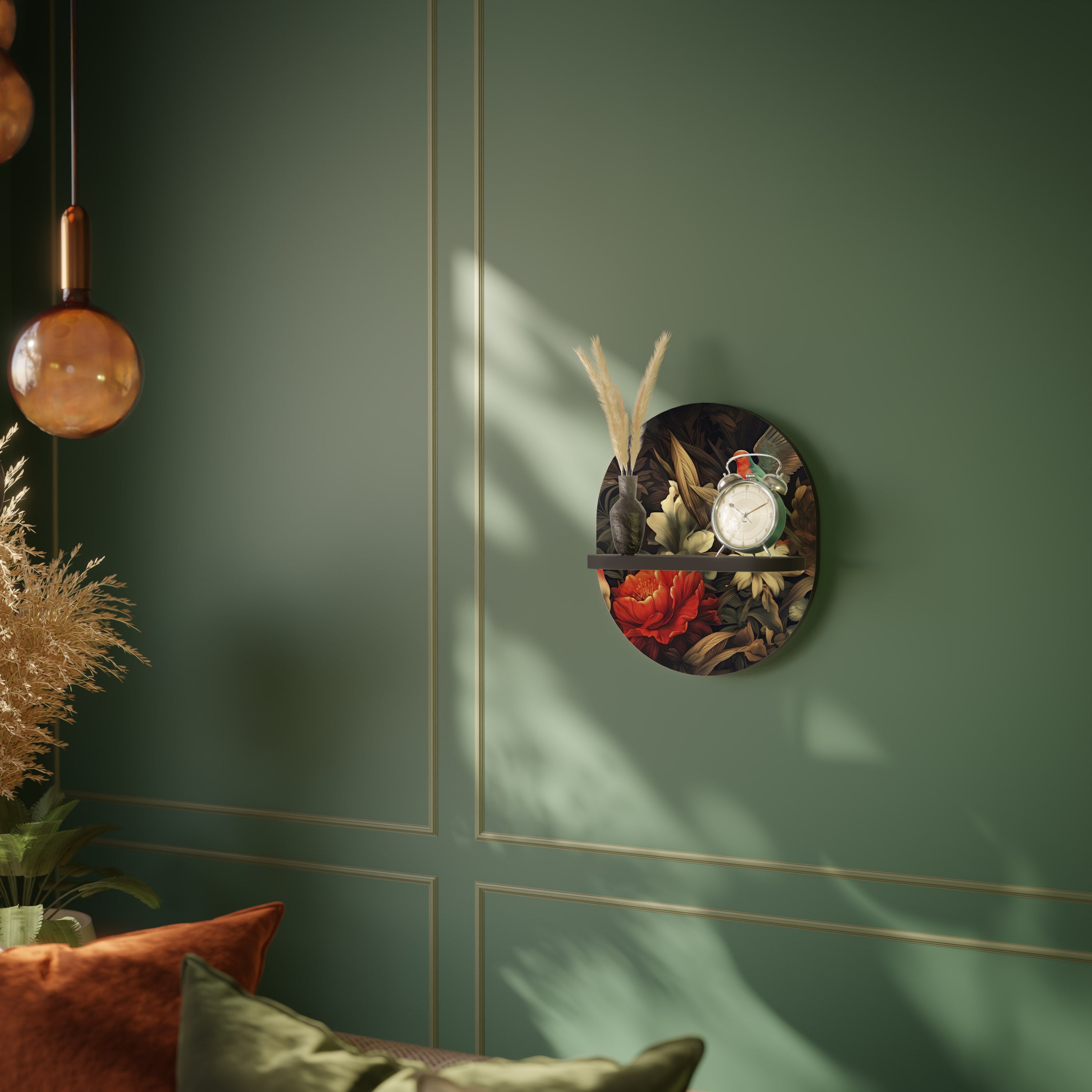 Estantería de arte ovalada con diseño de pájaros botánicos y acabado negro