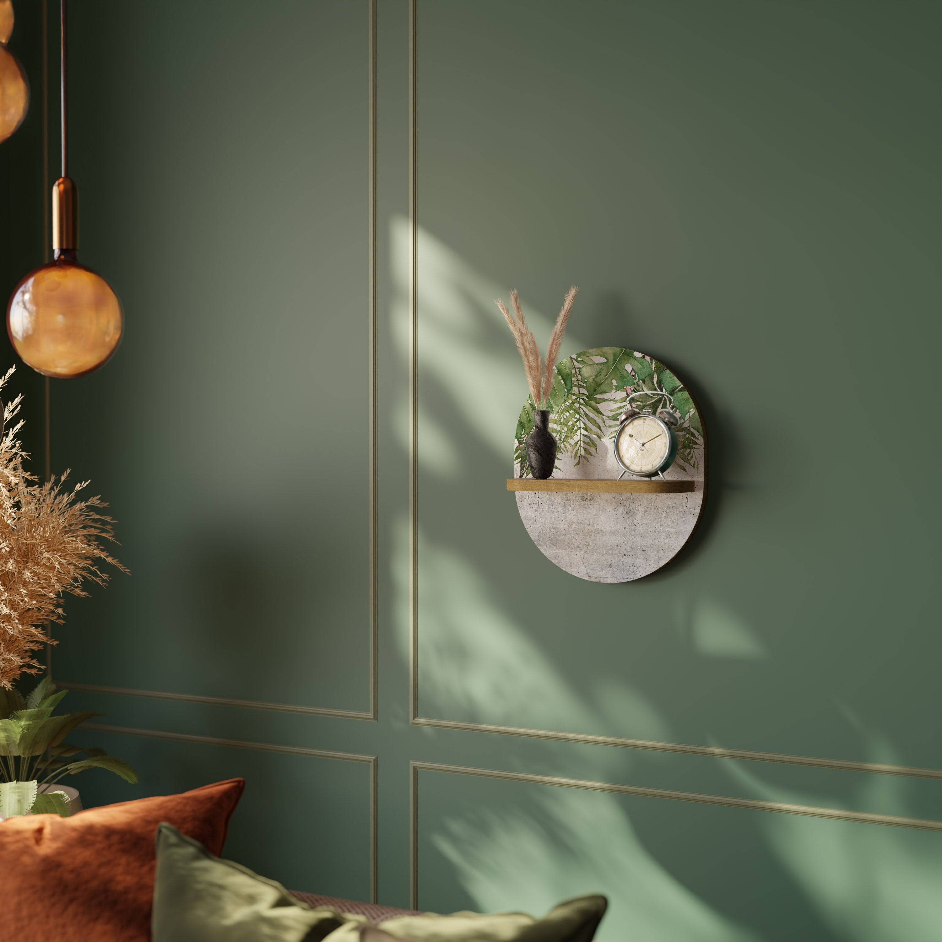 Estantería de arte ovalada URBAN TROPICS con efecto roble