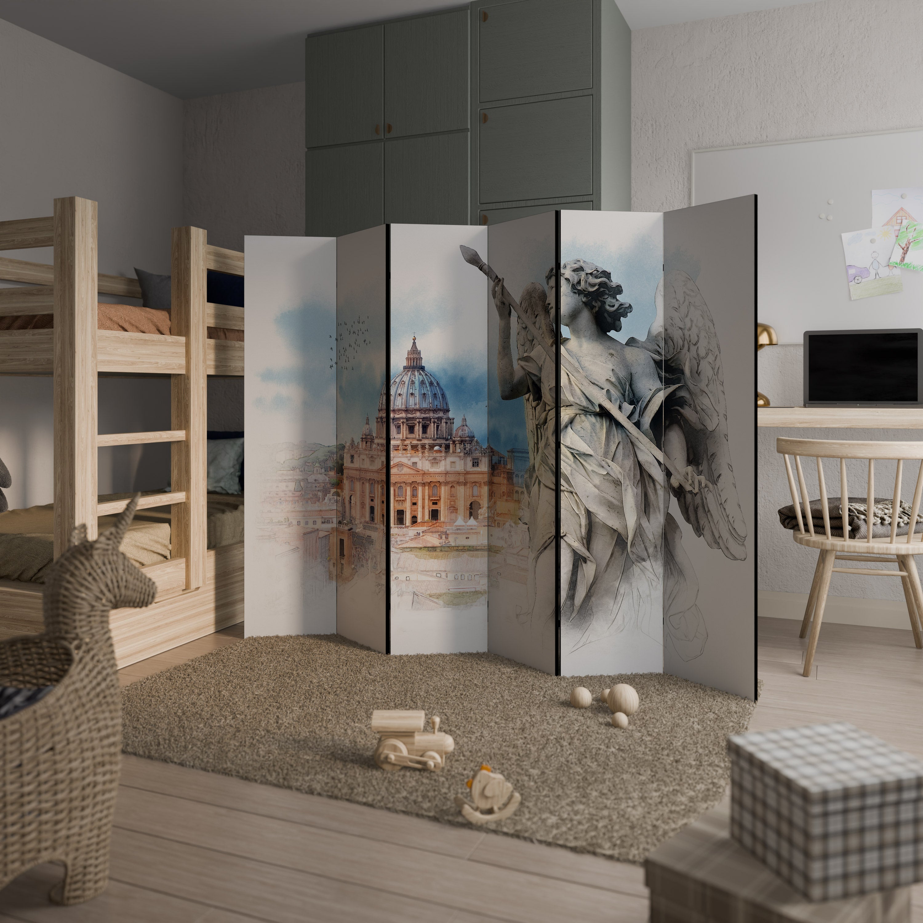 Biombo decorativo de 6 paneles con diseño de paisaje urbano místico