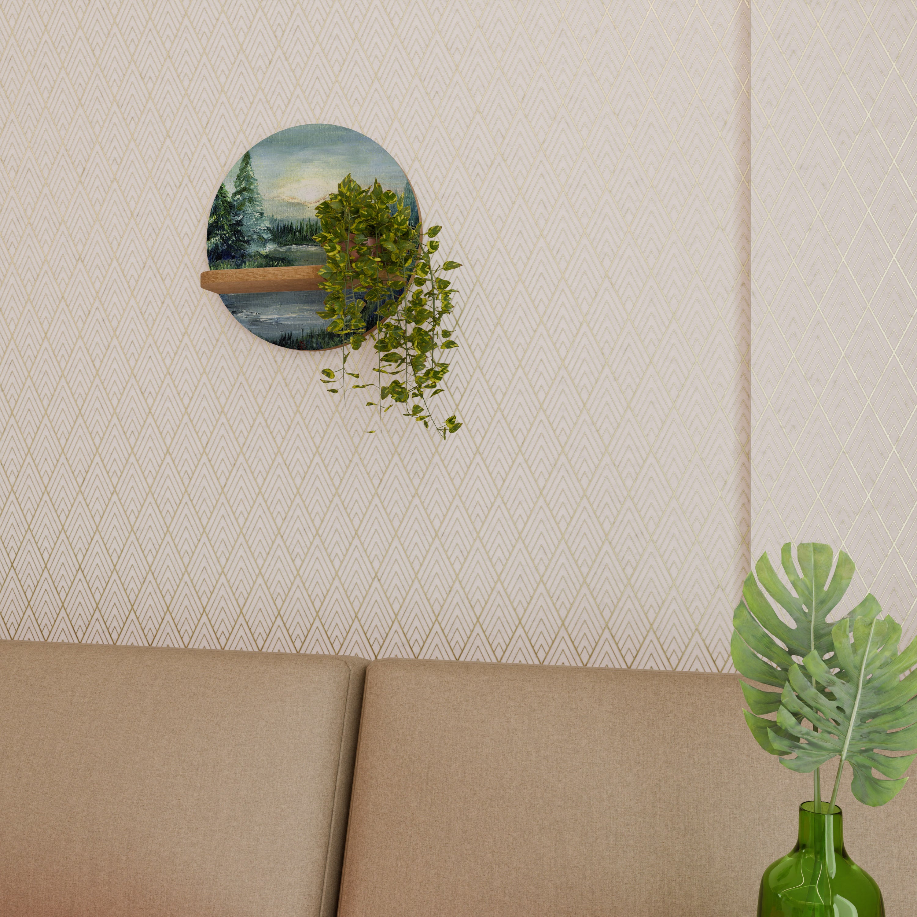 Estantería de arte redonda FOREST SUNSET con efecto roble