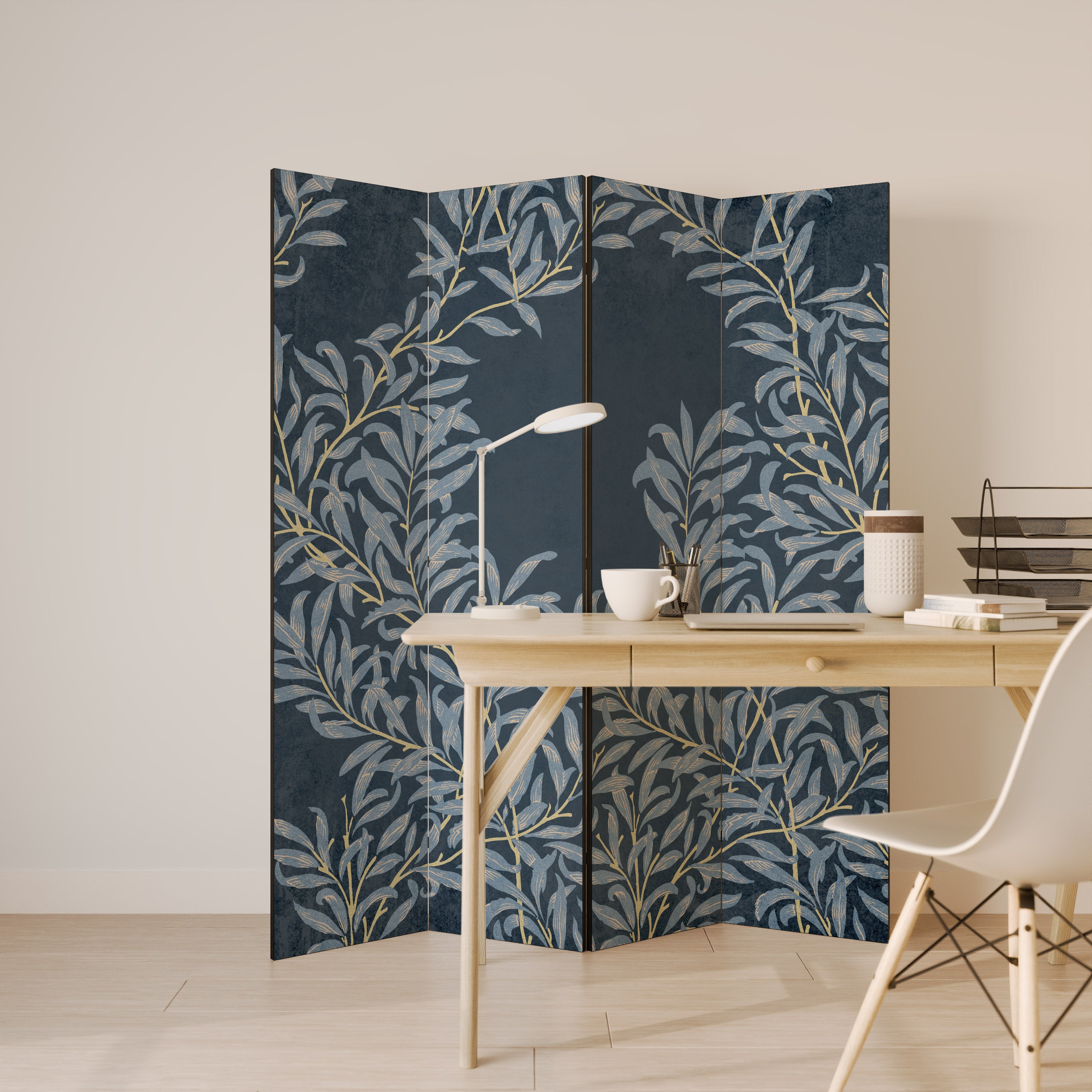 Biombo decorativo de 4 paneles con hojas azules