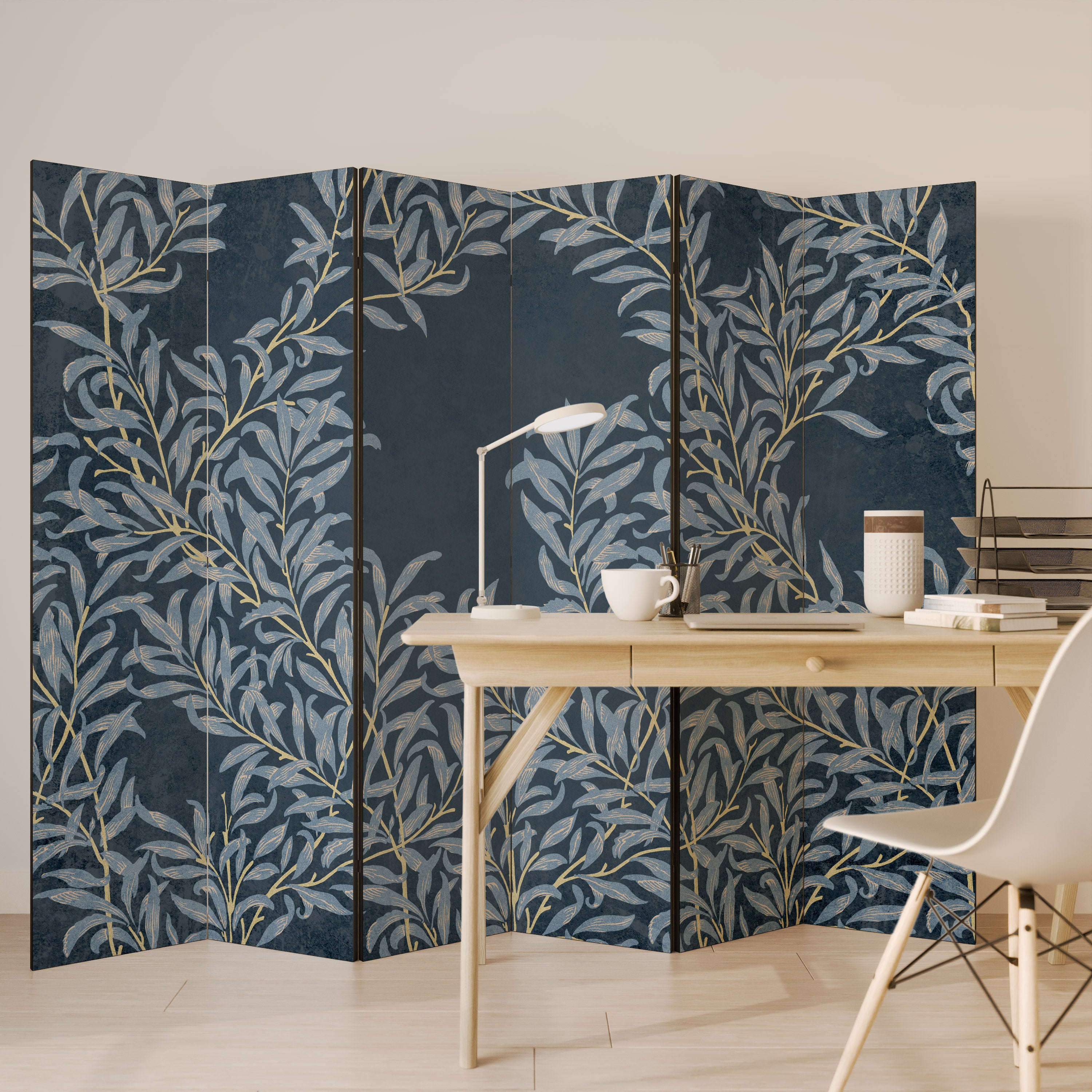Biombo decorativo de 6 paneles con hojas azules