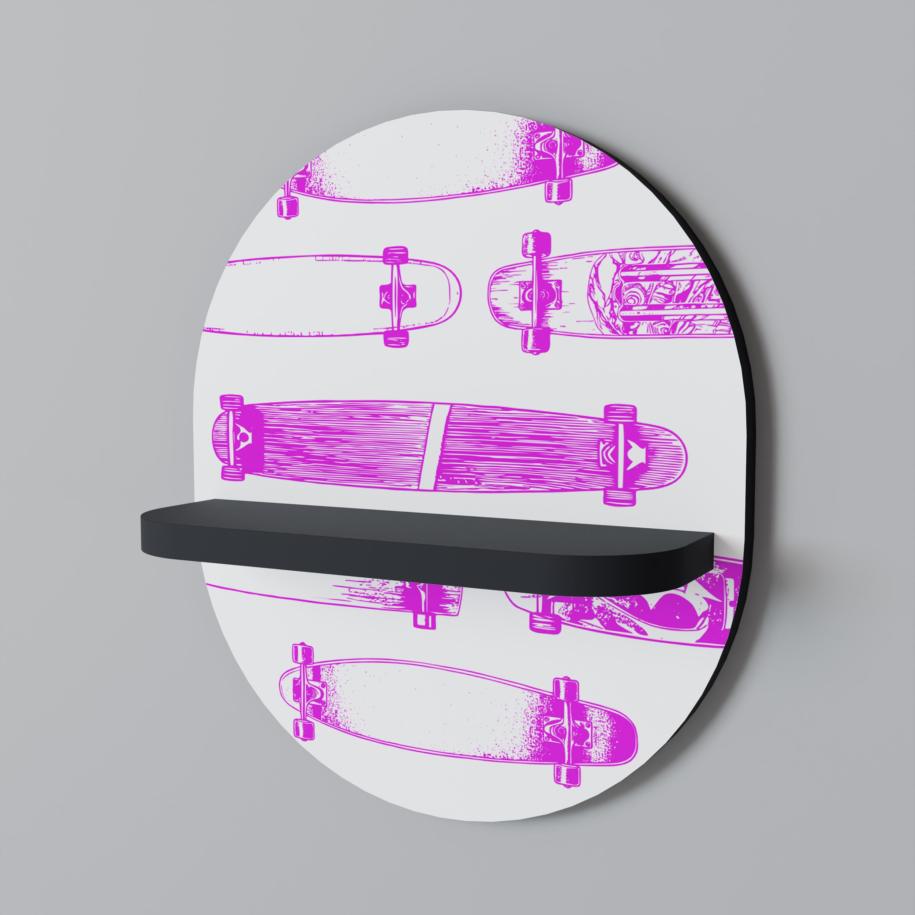 Estantería de arte ovalada con diseño de monopatín y acabado negro